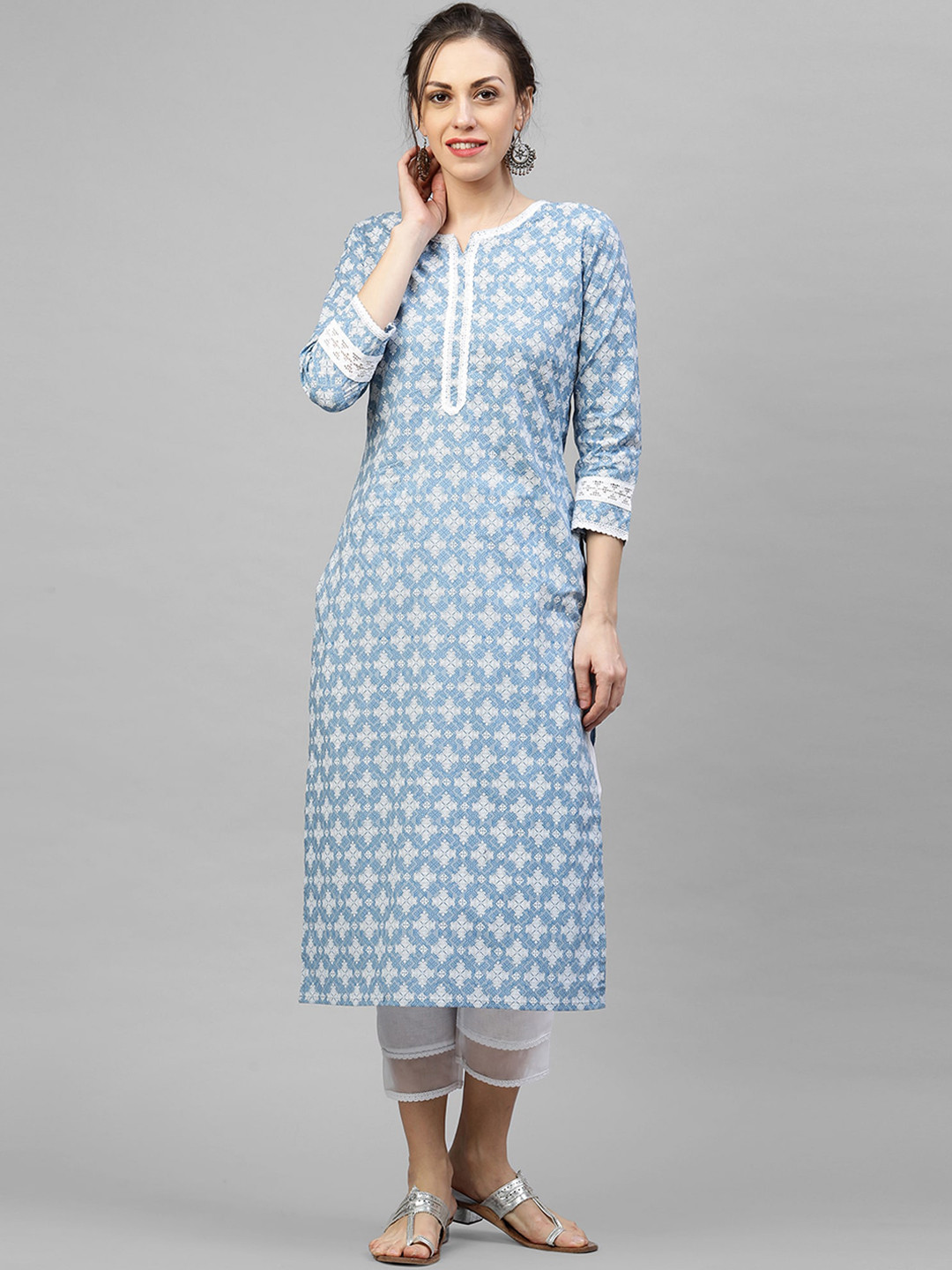 

Indo Era Women Blue & White Printed Kurta with Trousers
