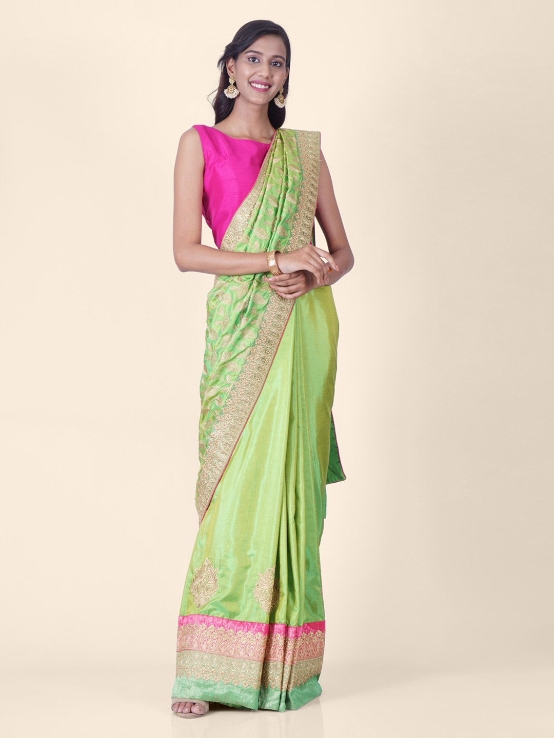 

Hastakala Green & Gold-Toned Pure Silk Embroidered Banarasi Saree
