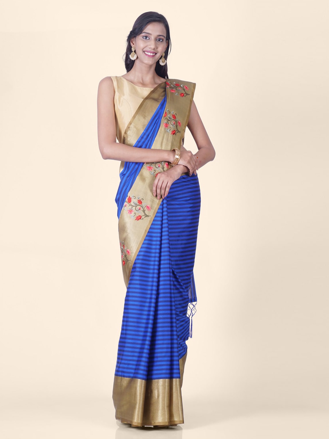 

Hastakala Blue Poly Silk Striped Banarasi Saree