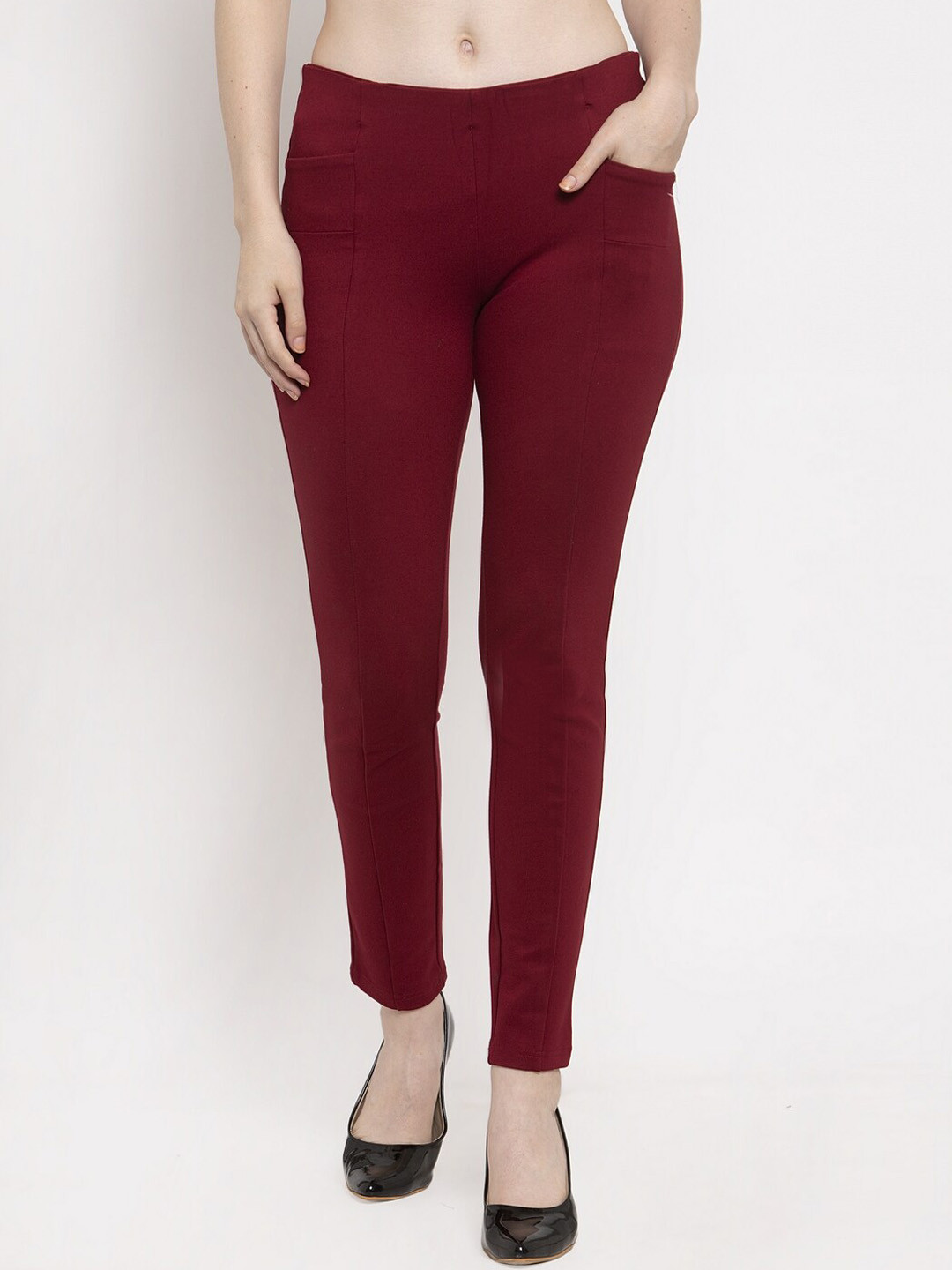 

Prag & Co Women Maroon Solid Cotton Treggings