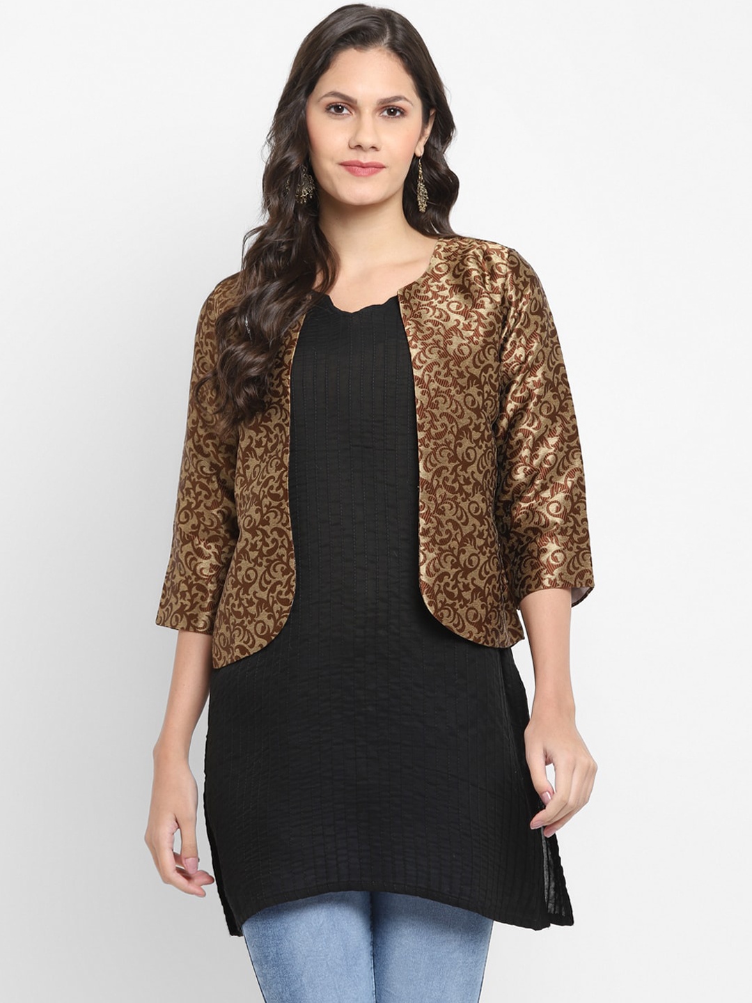 

Hangup Women Brown Self Design Lightweight Jacquard Open Front Jacket
