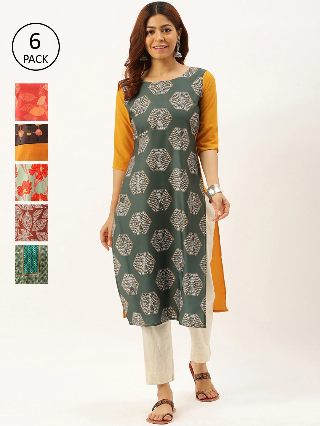 

7Threads Women Pack of 6 Multicoloured Geometric Printed Crepe Kurta, Multi