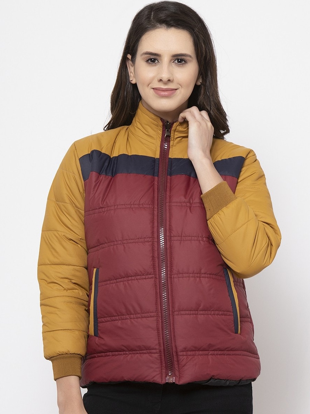 

VOXATI Women Maroon & Mustard Yellow Striped Padded Jacket
