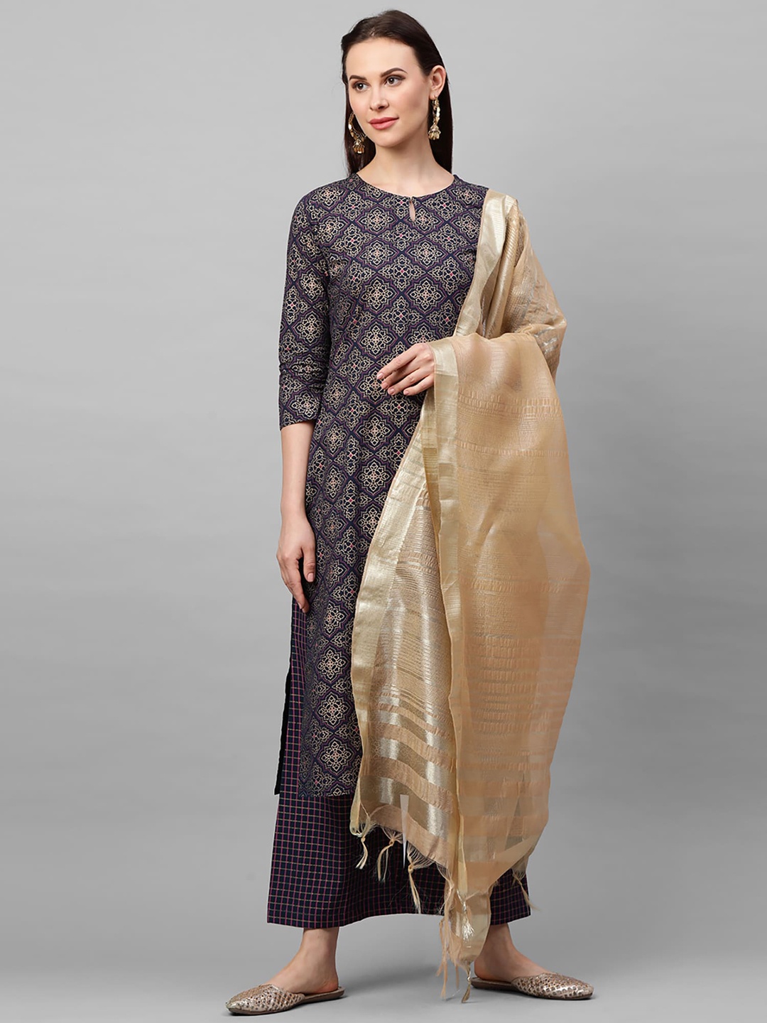 

Indo Era Women Navy Blue & Gold-Toned Printed Kurta with Palazzos & Dupatta