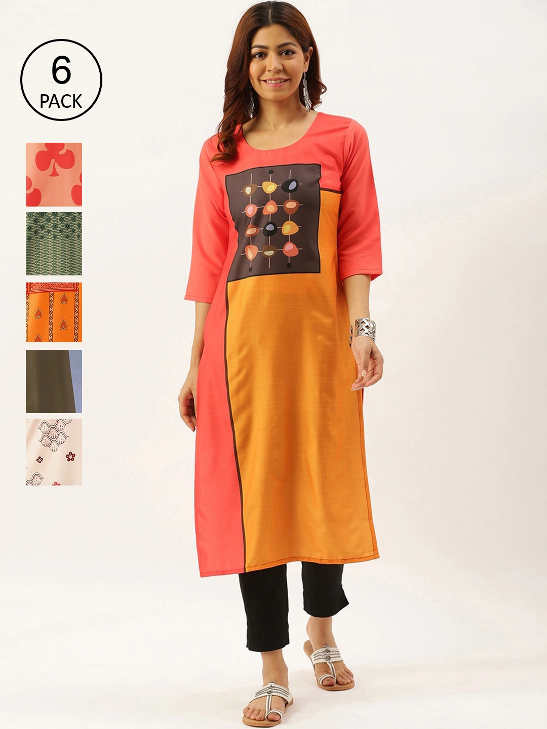 

7Threads Women Pack Of 6 Multicoloured Geometric Printed Crepe Kurtas, Multi
