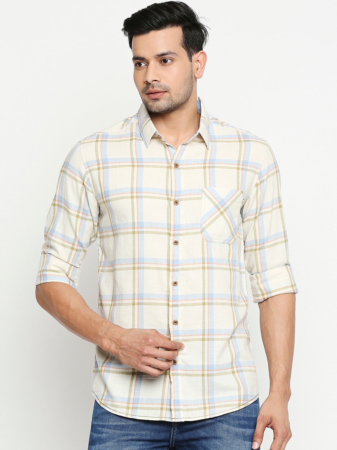 

Mufti Men Off-White & Blue Slim Fit Checked Casual Shirt