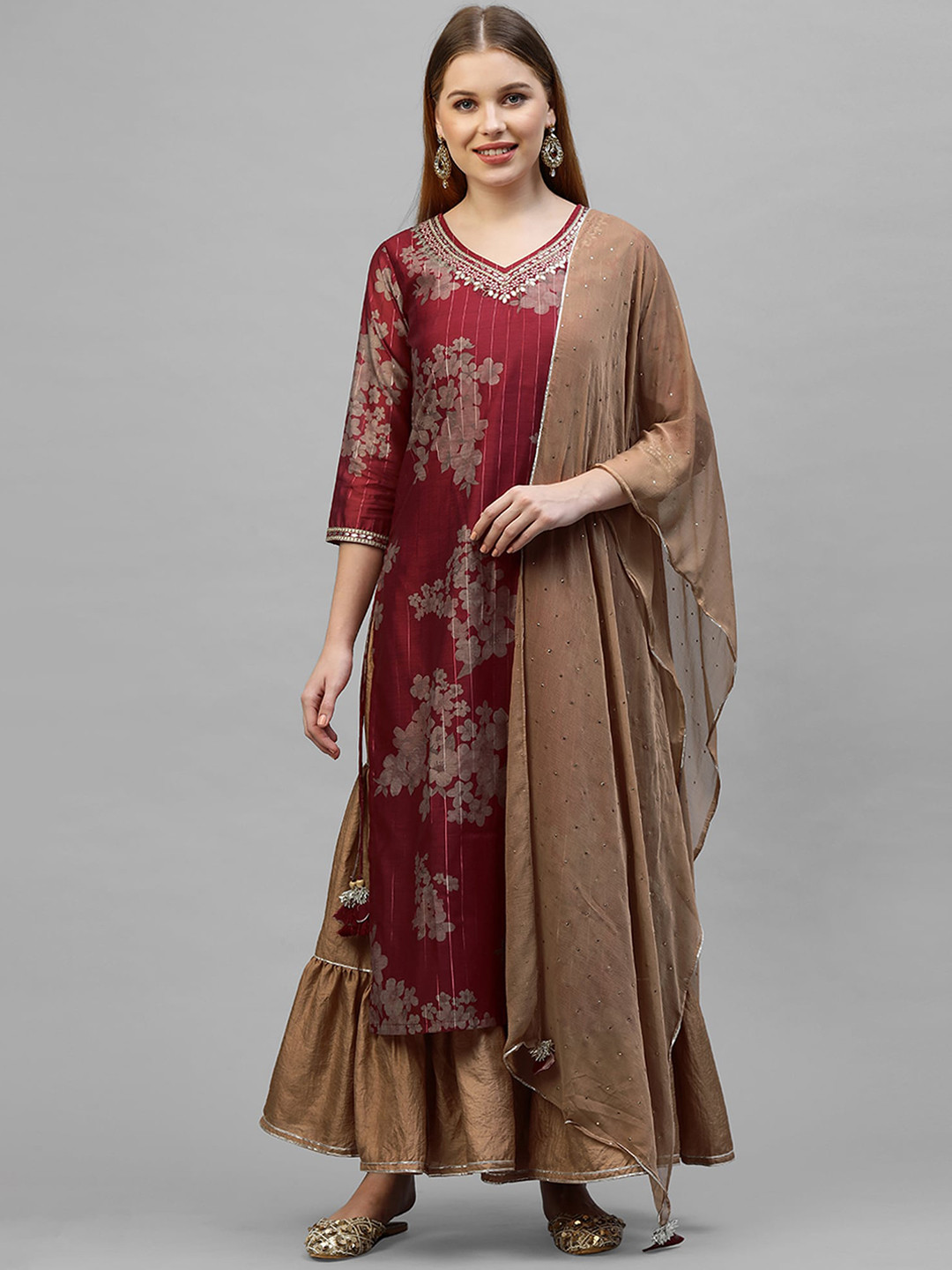

Indo Era Women Red Floral Printed Kurta with Sharara & Dupatta