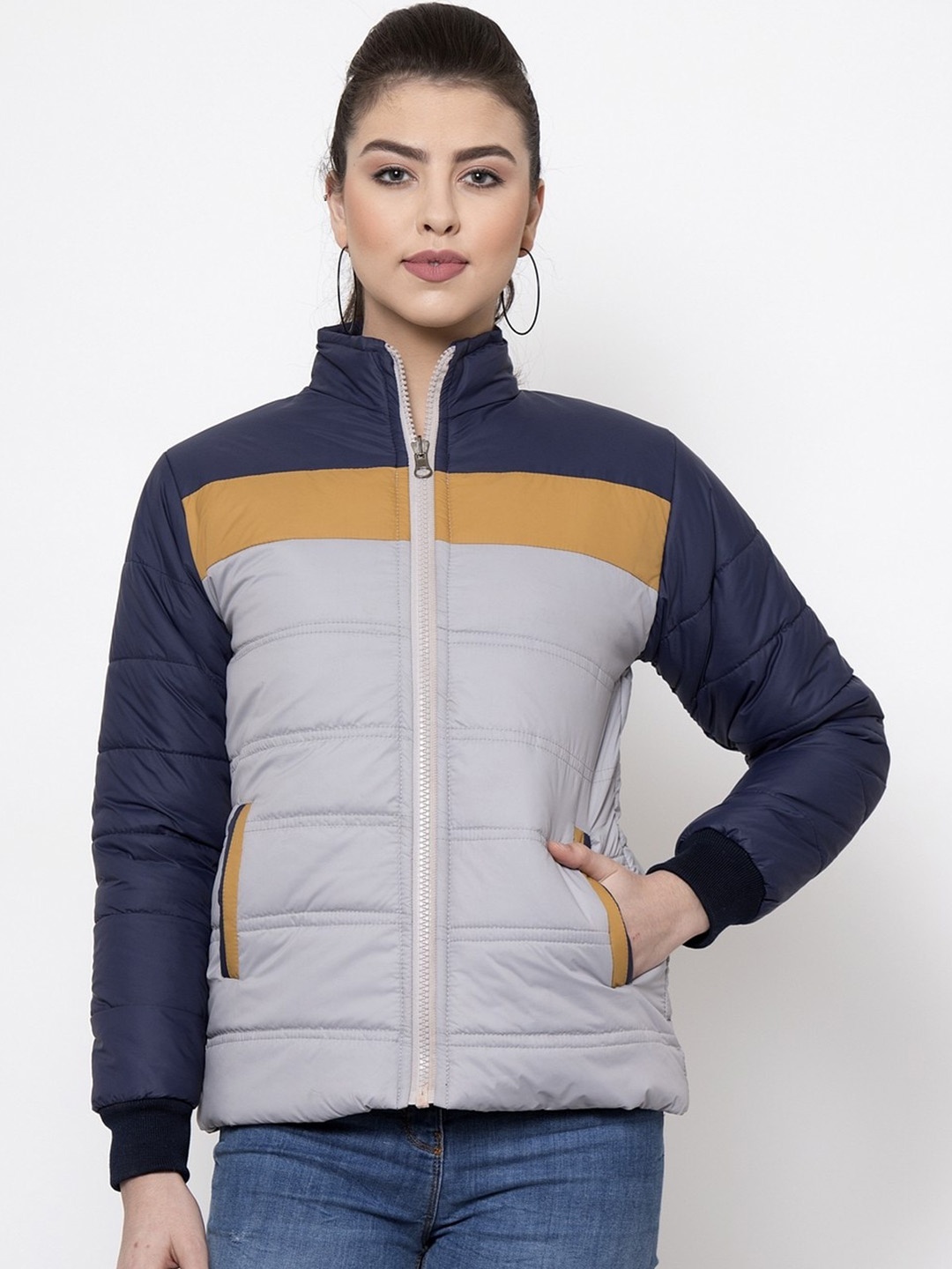 

VOXATI Women Grey & Navy Striped Padded Jacket