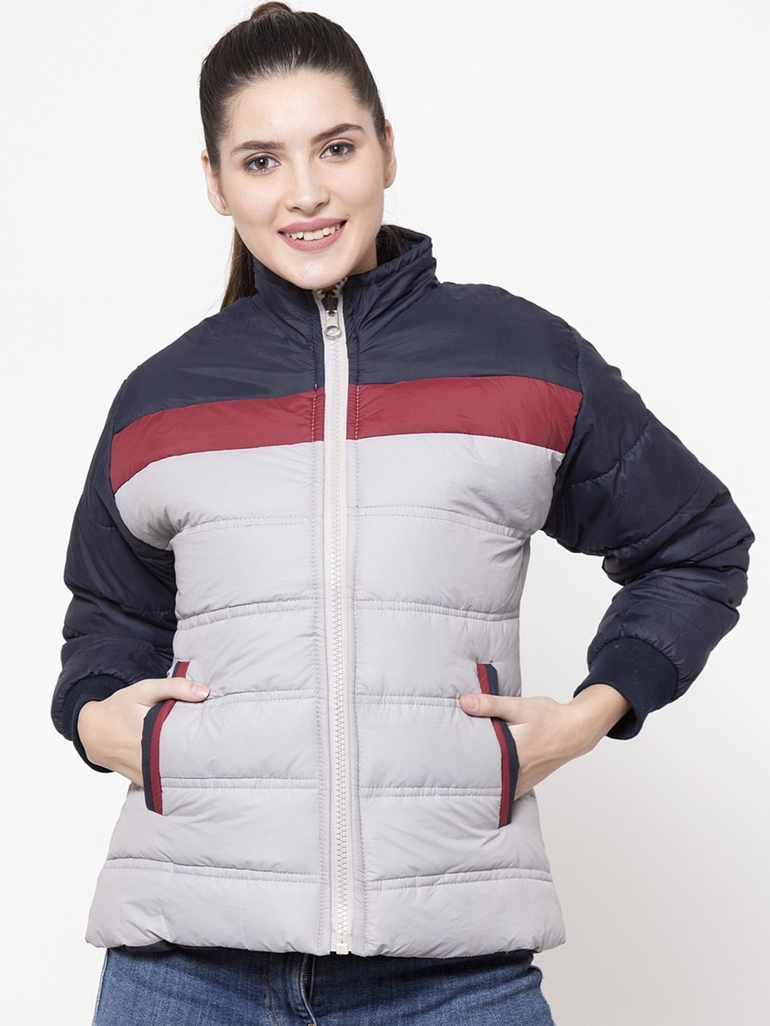 

VOXATI Women Grey & Navy Striped Padded Jacket