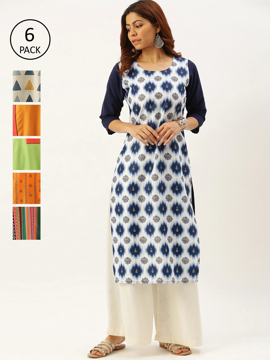 

7Threads Pack of 6 Women Multicoloured Ethnic Motifs Printed Crepe Kurta, Multi