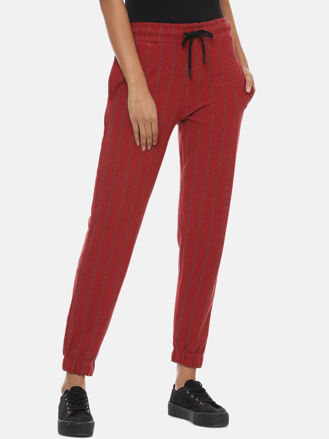 

Campus Sutra Women Red & Navy Blue Striped Cotton Active Joggers