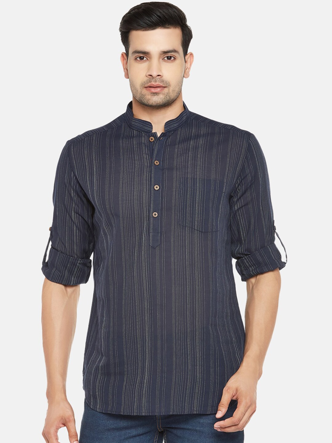 

indus route by Pantaloons Men Blue Striped Cotton Kurta