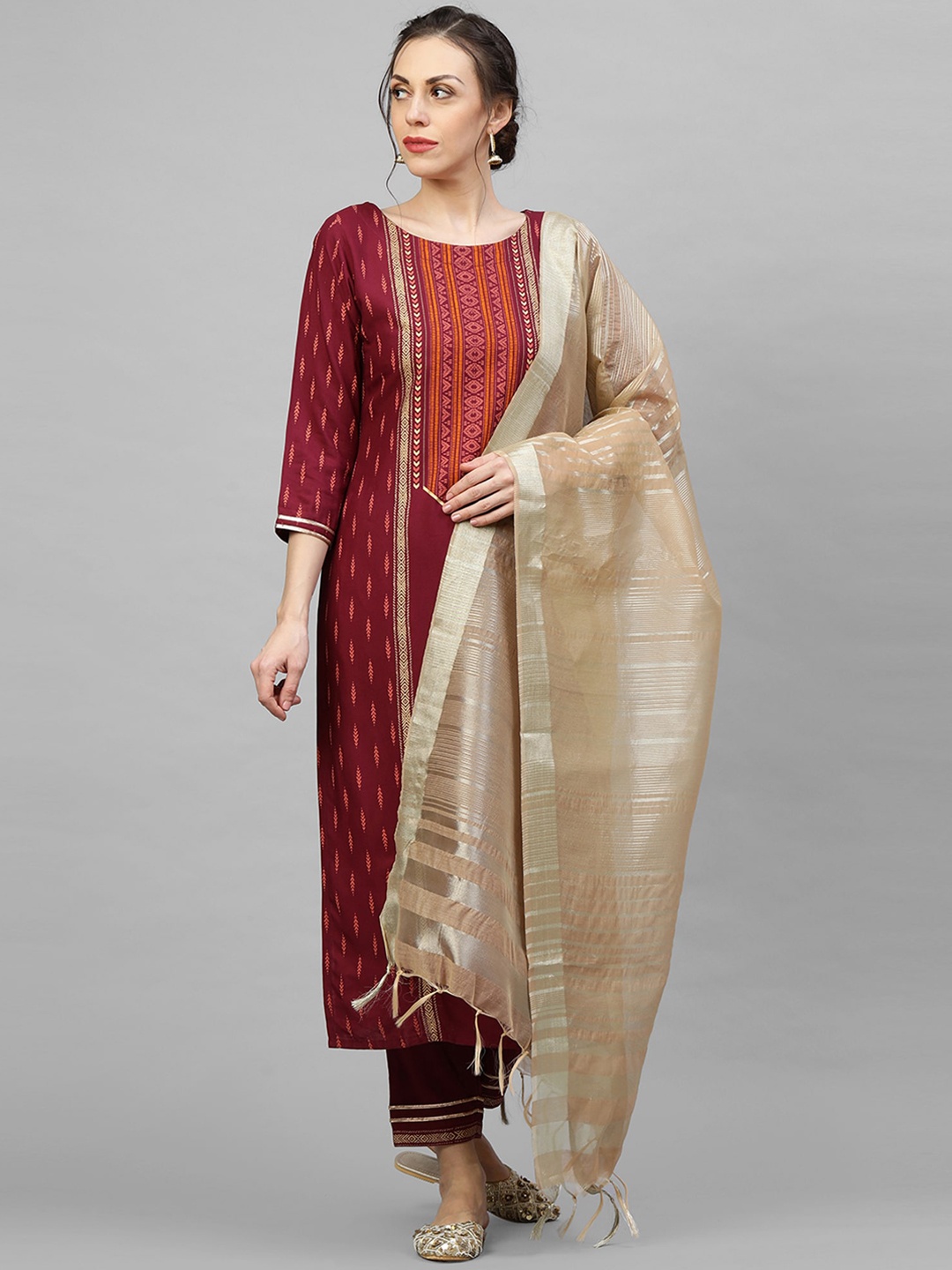 

Indo Era Women Maroon & Gold-Toned Printed Kurta with Trousers & Dupatta