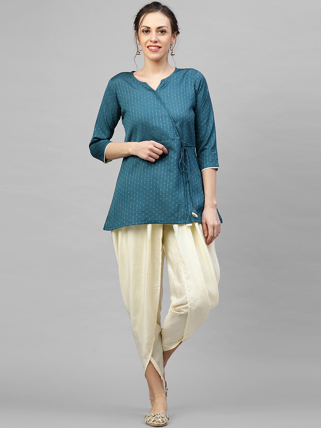 

Indo Era Women Teal & Cream-Coloured Striped Kurti with Dhoti Pants