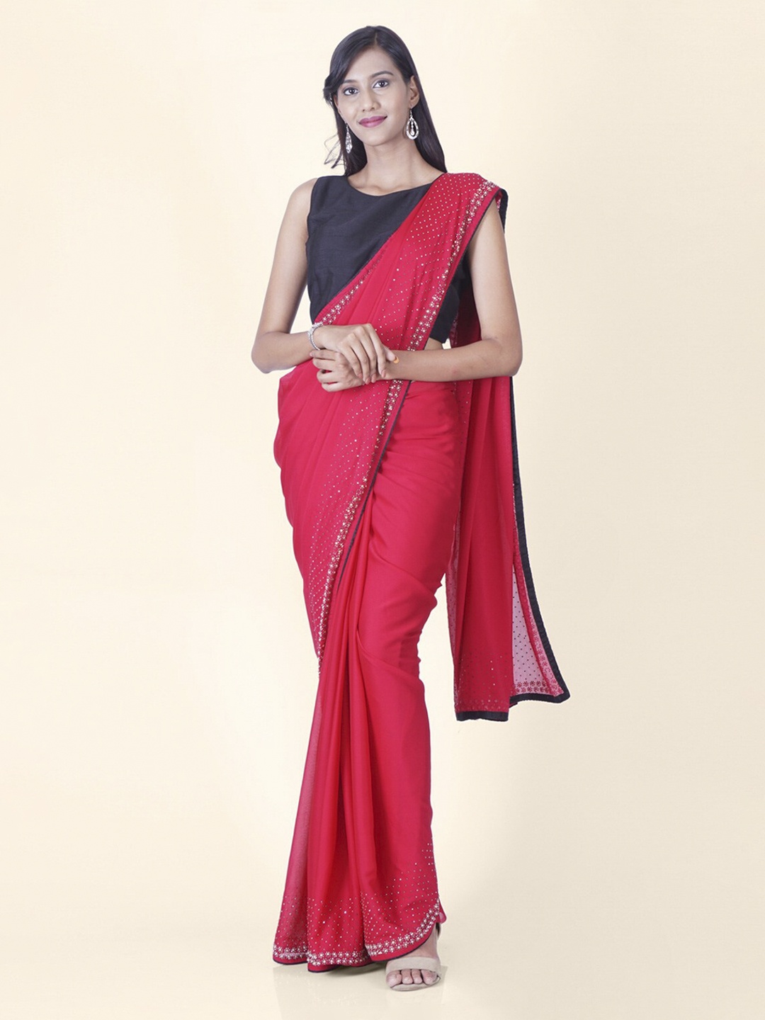 

Hastakala Pink Poly Crepe Solid Banarasi Saree