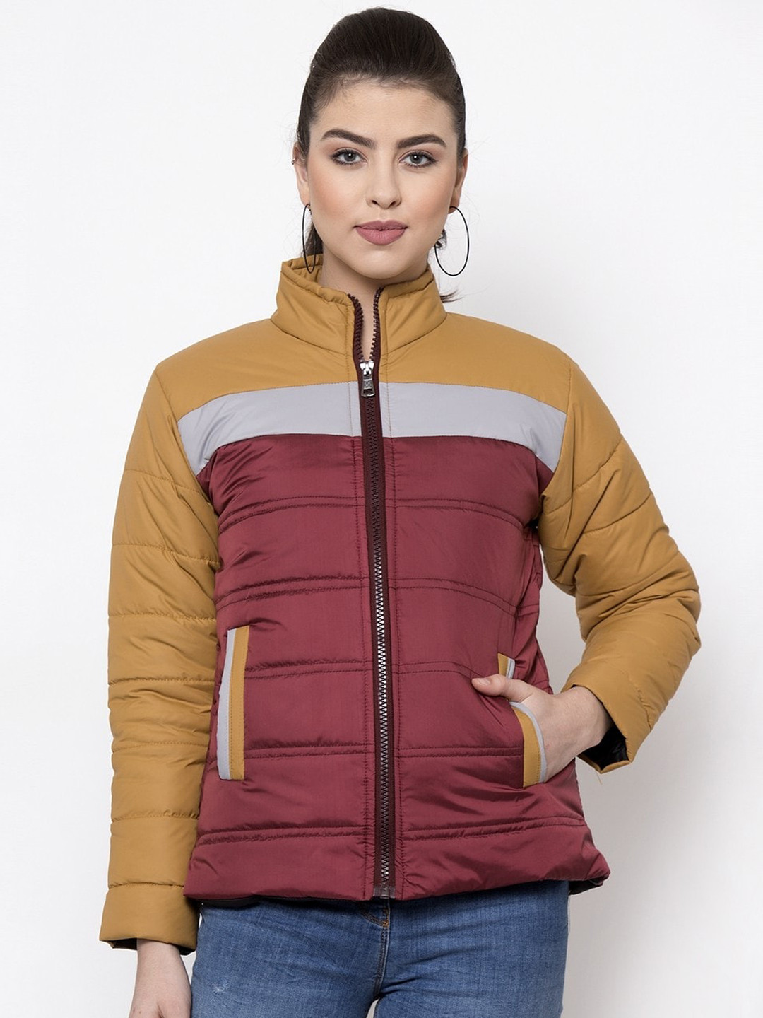 

VOXATI Women Maroon & Mustard Yellow Striped Padded Jacket