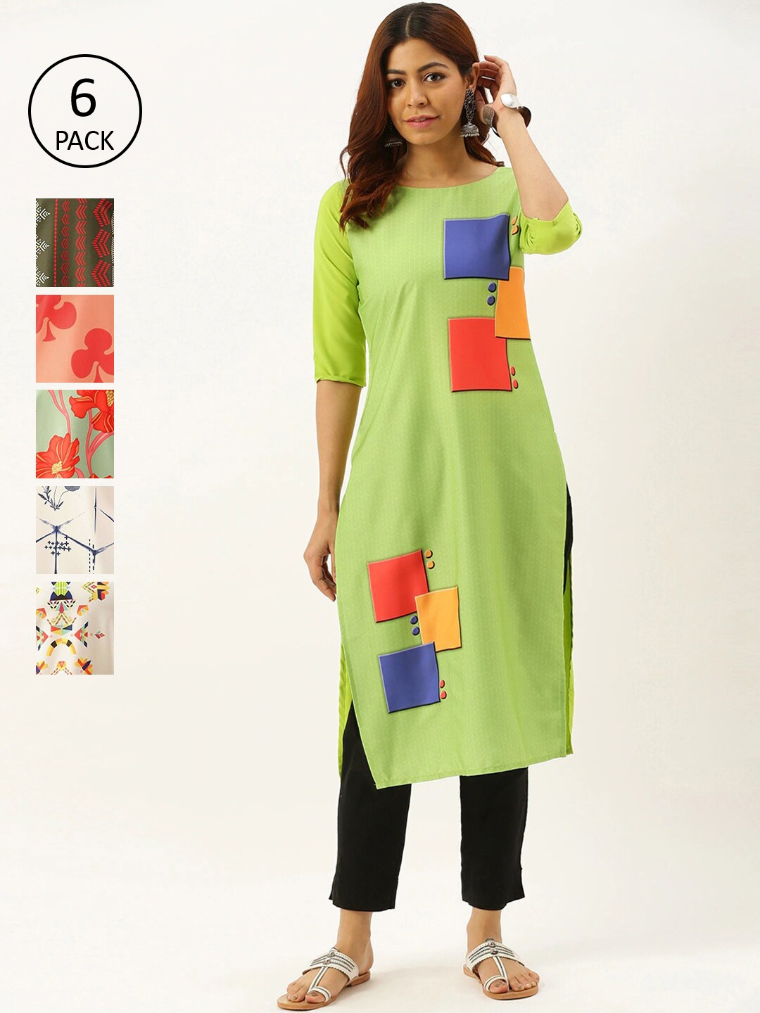 

7Threads Women Pack Of 6 Printed Crepe Kurta, Multi