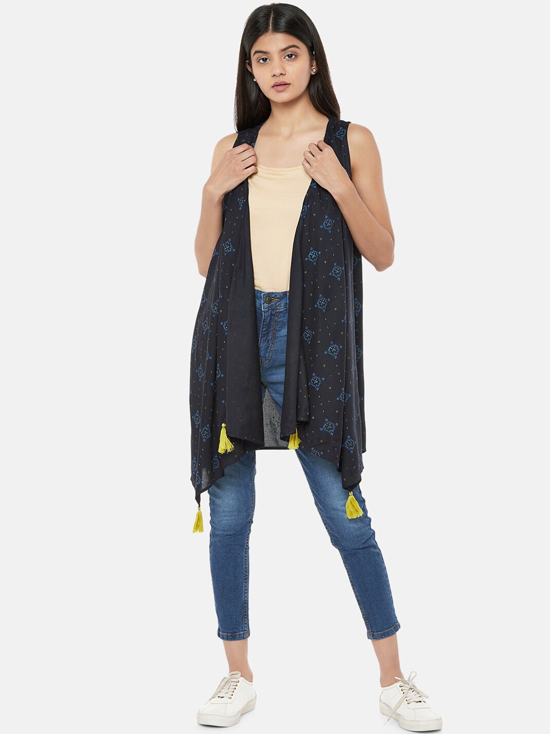 

People Women Navy Blue Printed Open Front Shrug