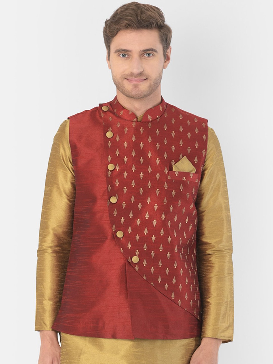 

DEYANN Men Red & Gold-Coloured Printed Woven Nehru Jacket