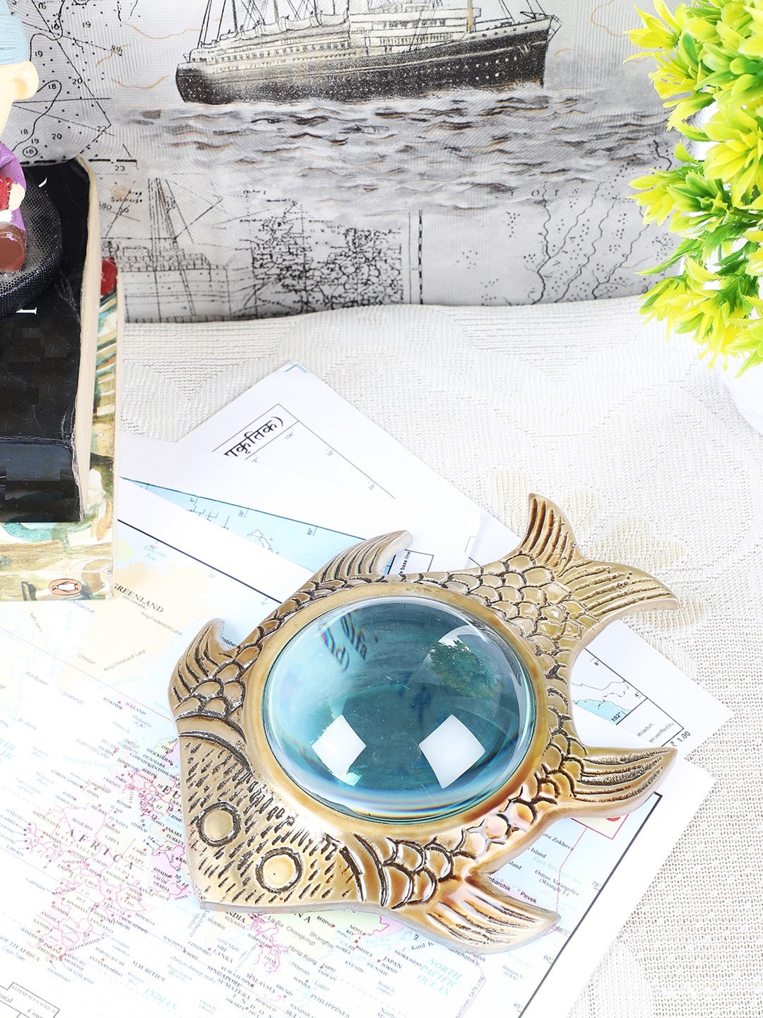 

EXIM DECOR Gold-Toned & Blue Brass Fish Magnifying Glass Showpiece