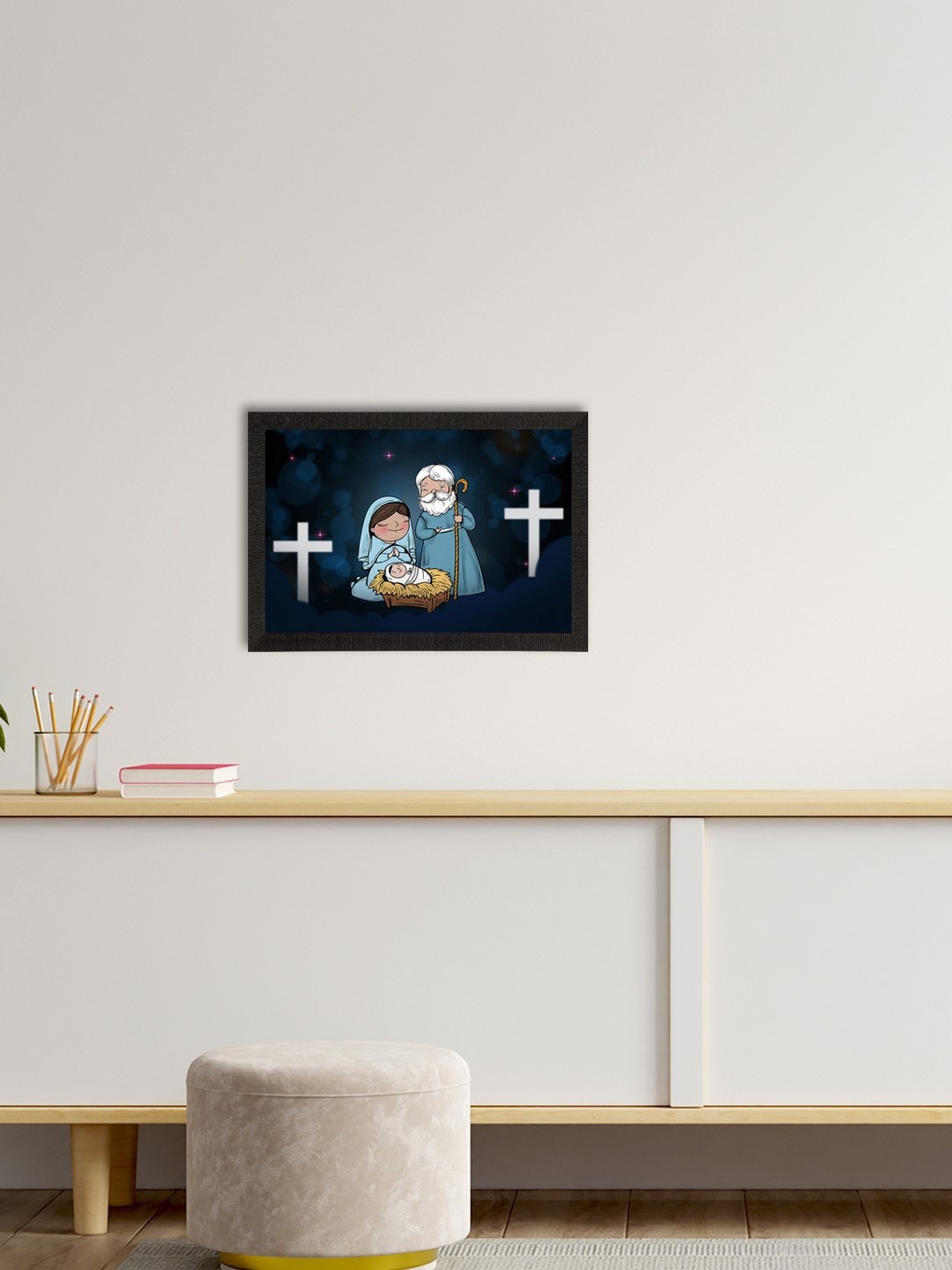 

eCraftIndia Black & Blue Jesus Birth Scene Satin Matt Texture UV Art Painting