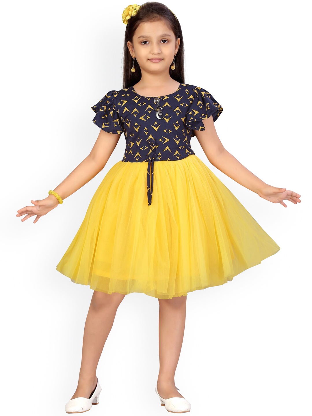 

Aarika Girls Navy Blue & Yellow Printed Fit & Flare Dress