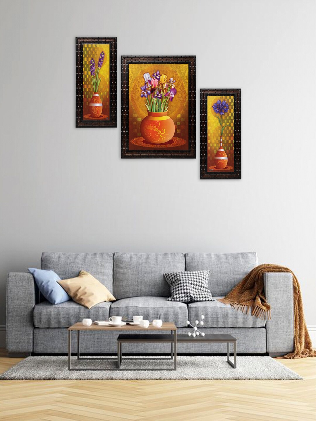 

Indianara Set Of 3 Yellow & Orange Flowers in Vases Framed Art Prints Without Glass
