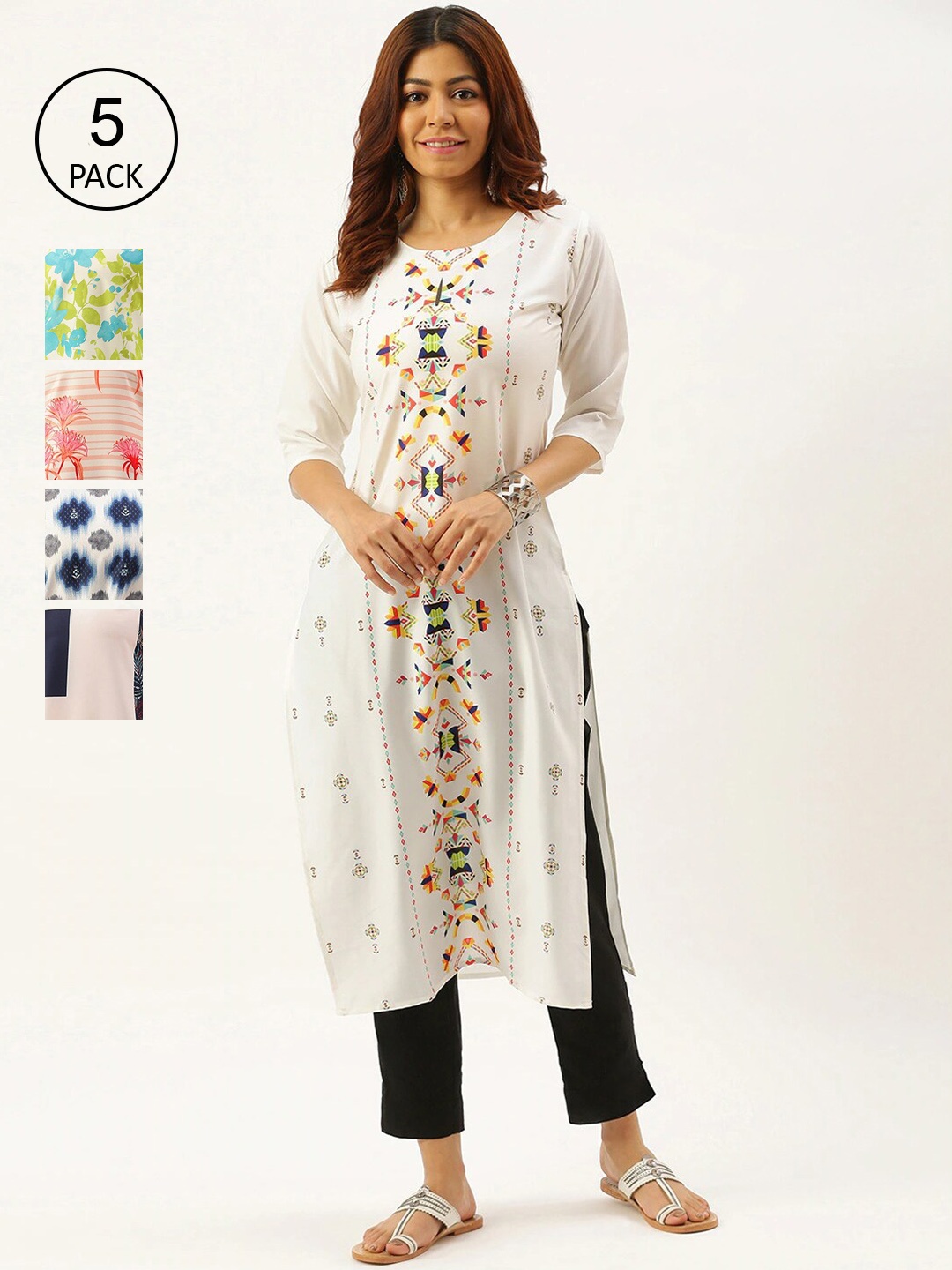 

7Threads Women Pack of 5 Multicoloured Floral Printed Crepe Kurta, Multi