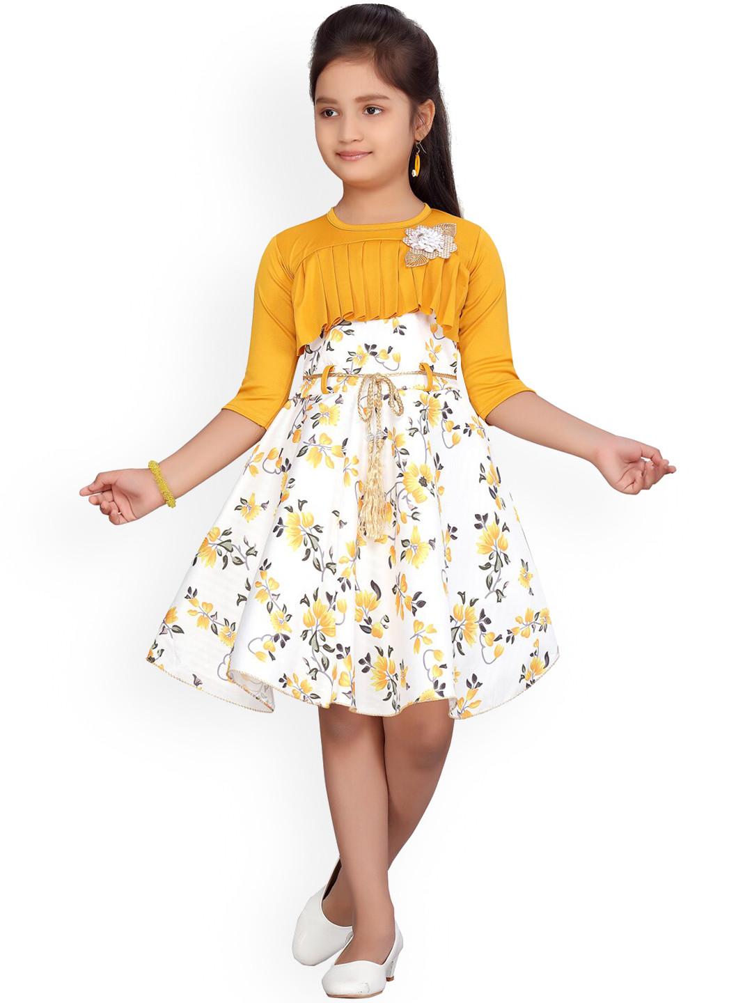 

Aarika Girls White & Yellow Floral Print A-Line Dress