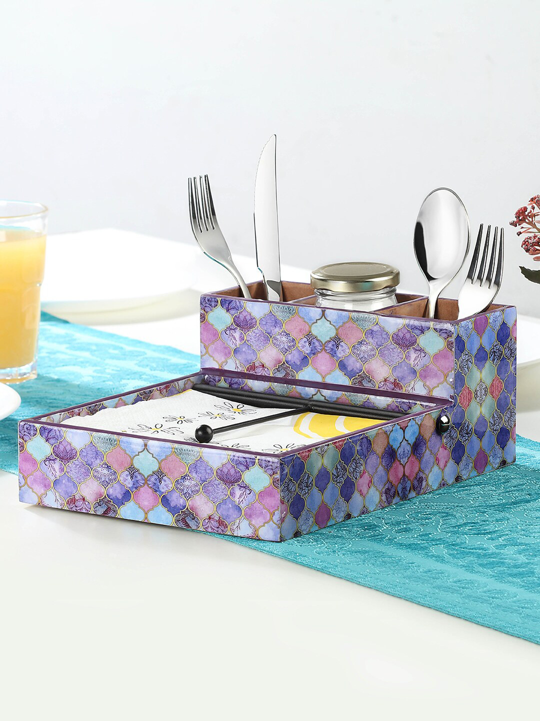 

WOODSMYTHS Sea Green & Purple Exotic Moroccan Decal Printed Cutlery Holder