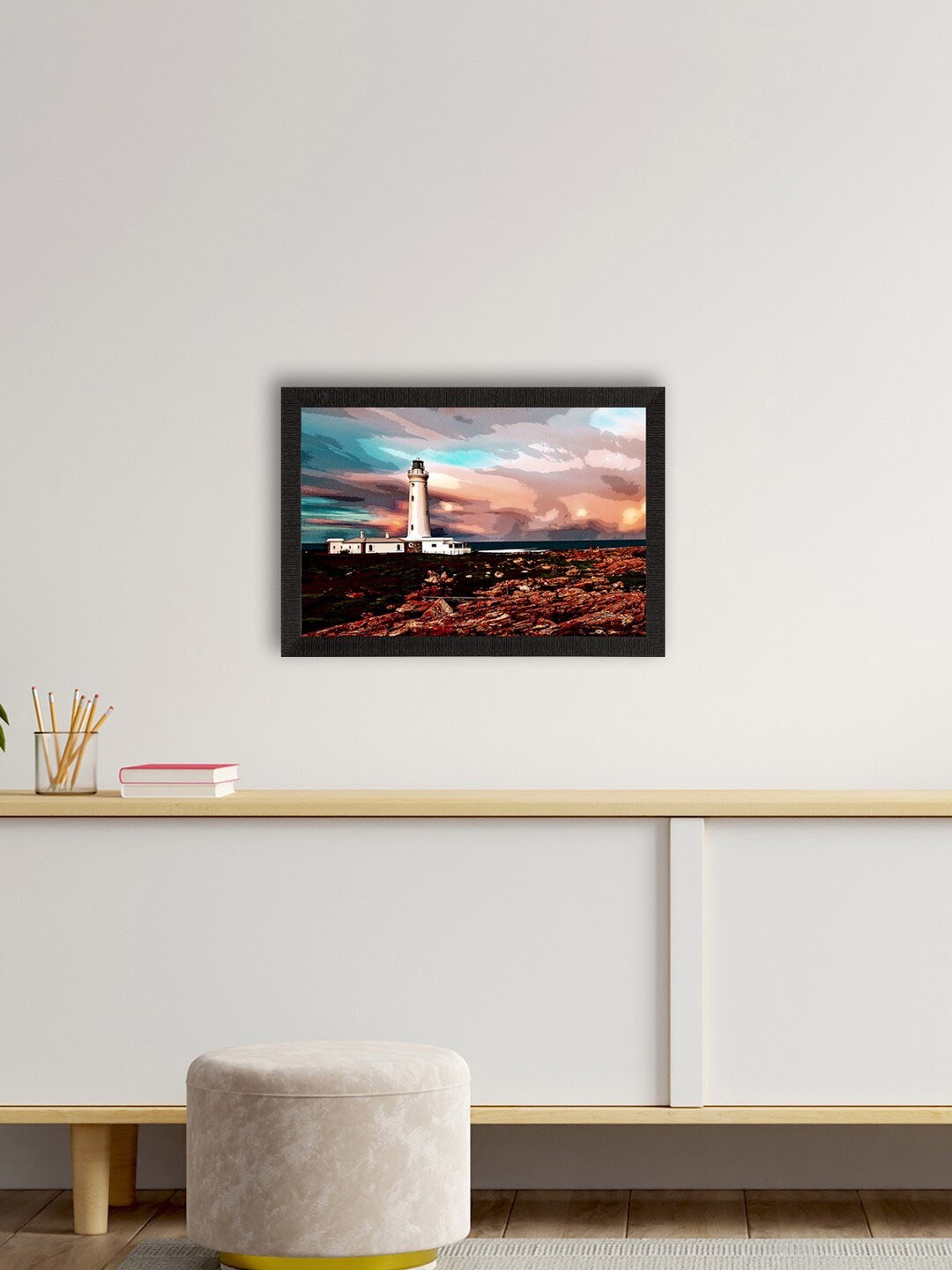 

eCraftIndia Brown & Turquoise Blue Seaside Lighthouse Scenic View Satin Matt Texture UV Art Painting