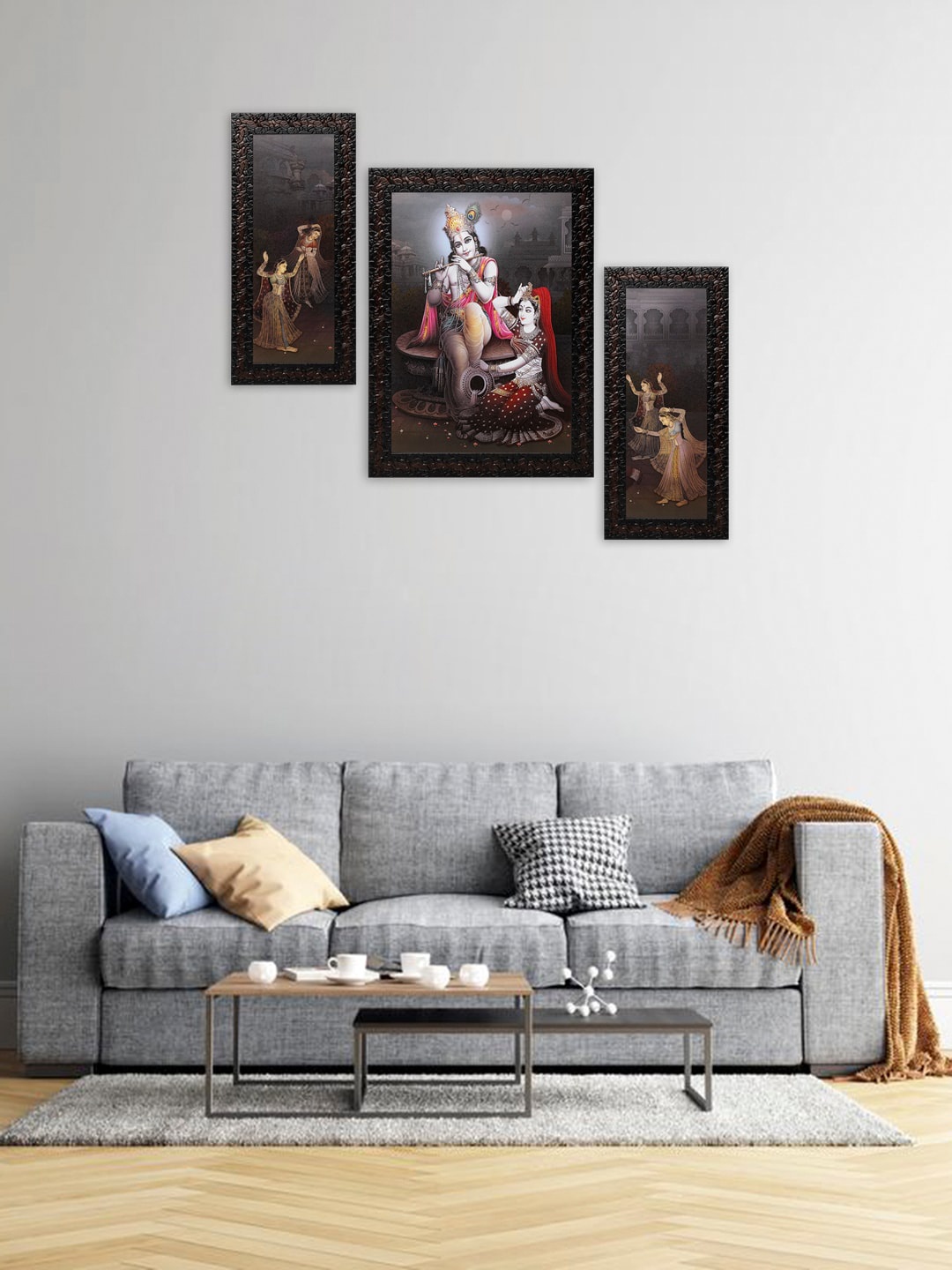

Indianara Set Of 3 Grey & White Radha Krishna Framed Art Prints Without Glass