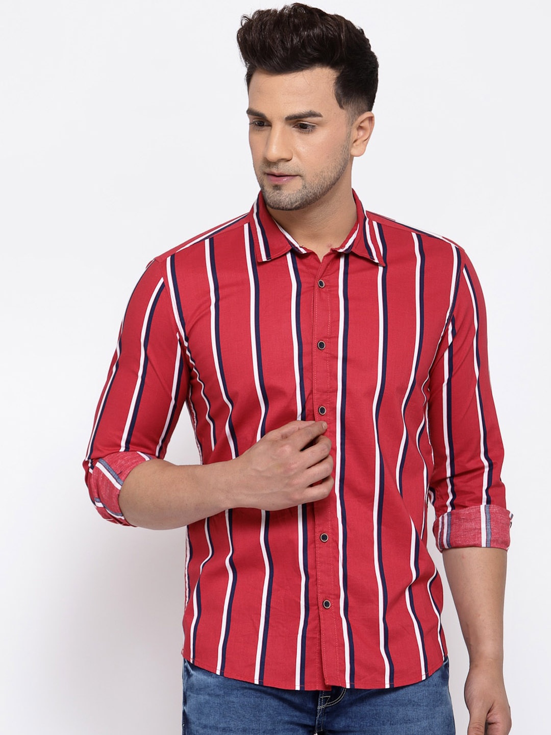 

Pepe Jeans Men Red & Navy Blue Pure Cotton Striped Casual Shirt