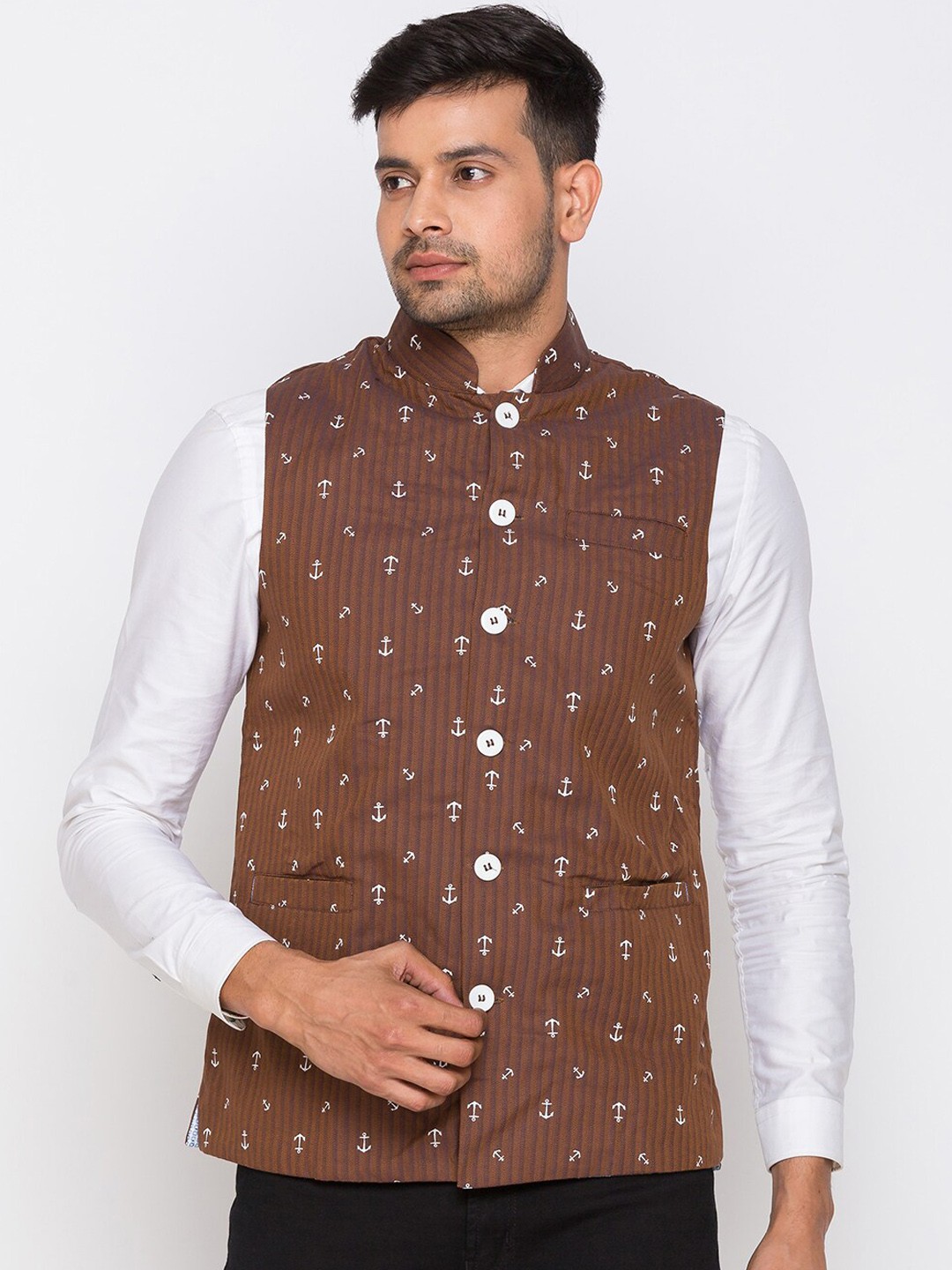

Nick&Jess Men Brown & White Printed Woven Nehru Jacket