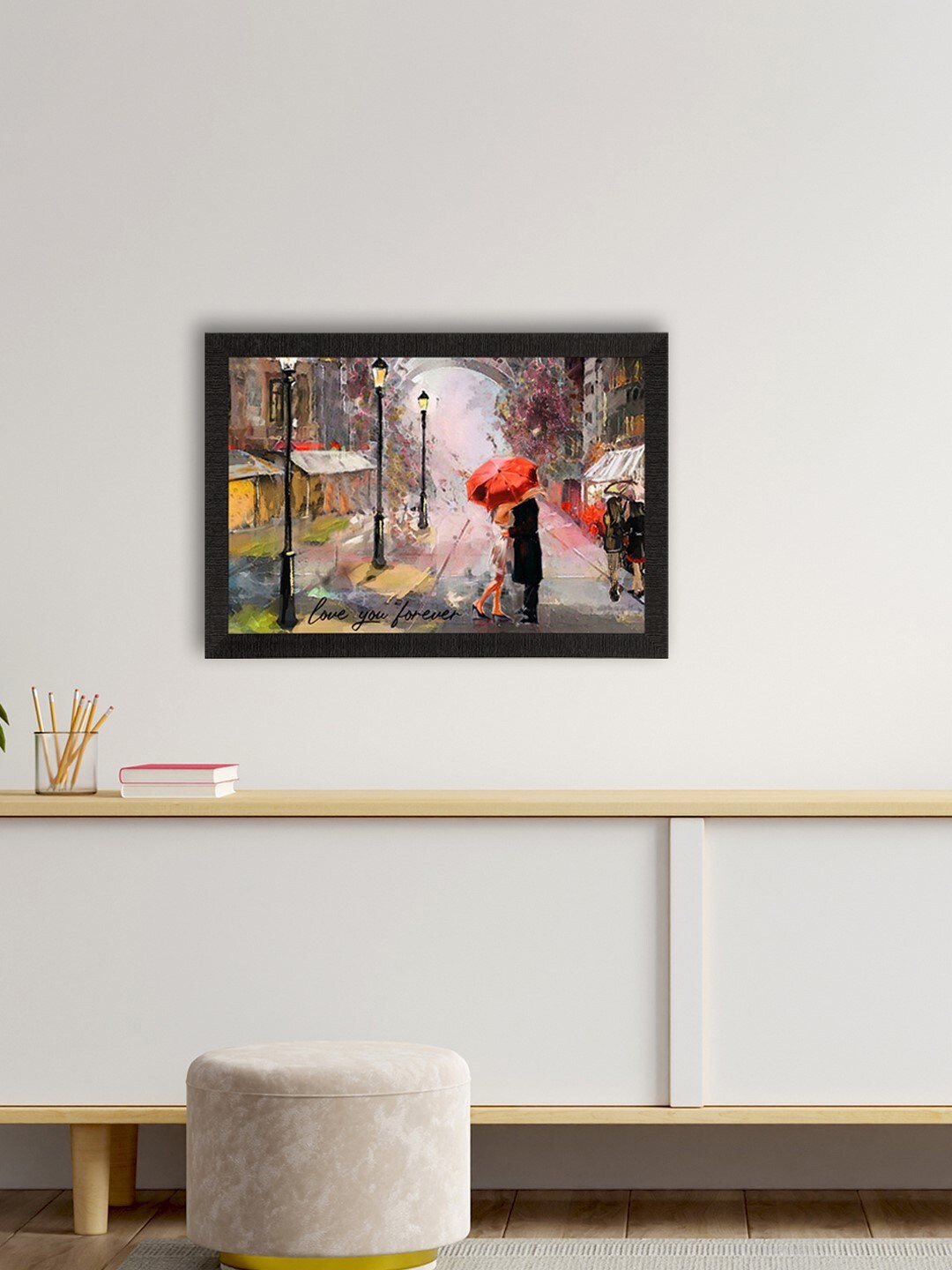 

eCraftIndia Red & Biege Romantic Couple Under Umbrella Love Theme Satin Matt Texture UV Art Painting, Beige