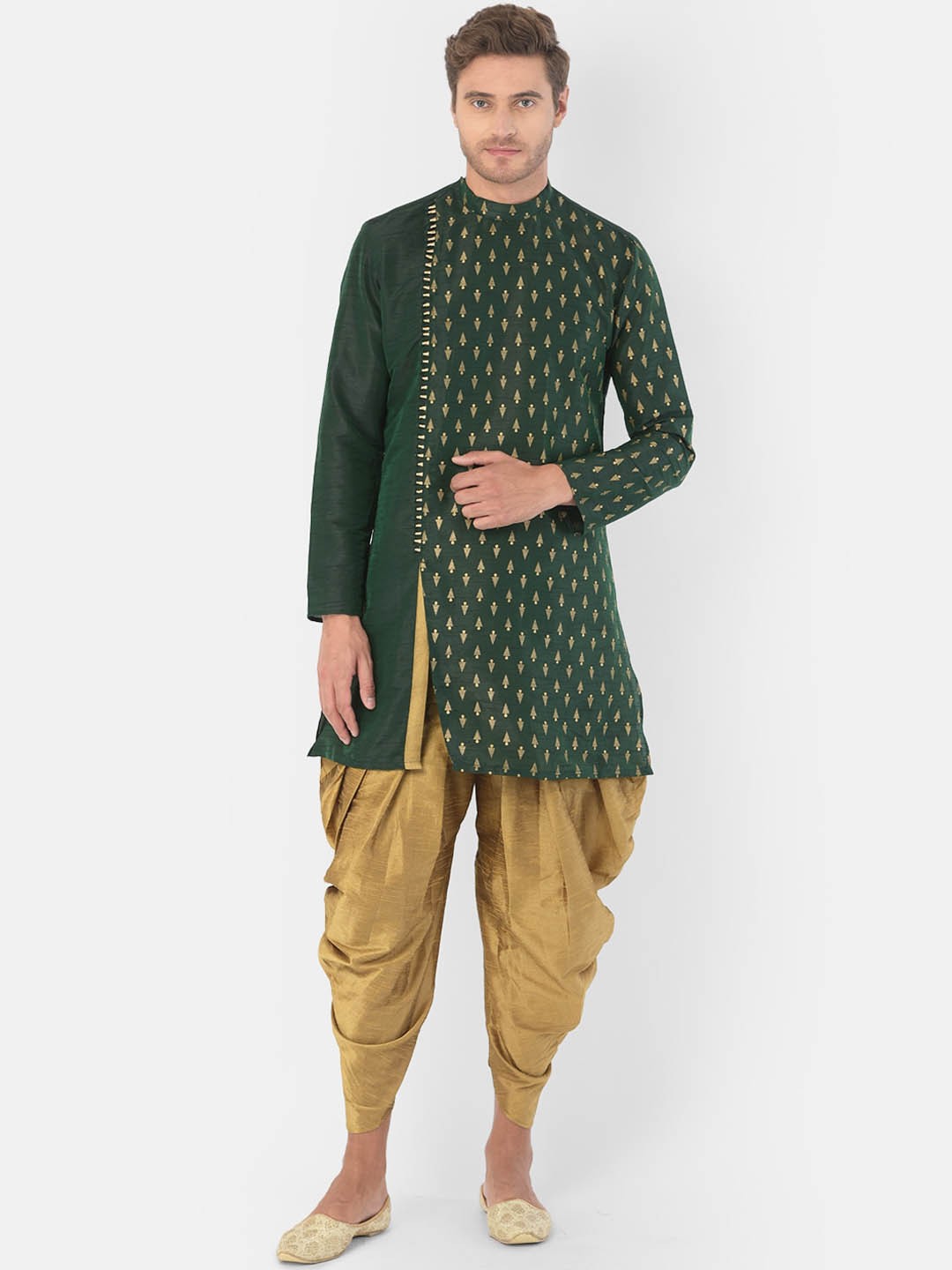 

DEYANN Men Green & Gold-Toned Woven Design Kurta with Dhoti Pants