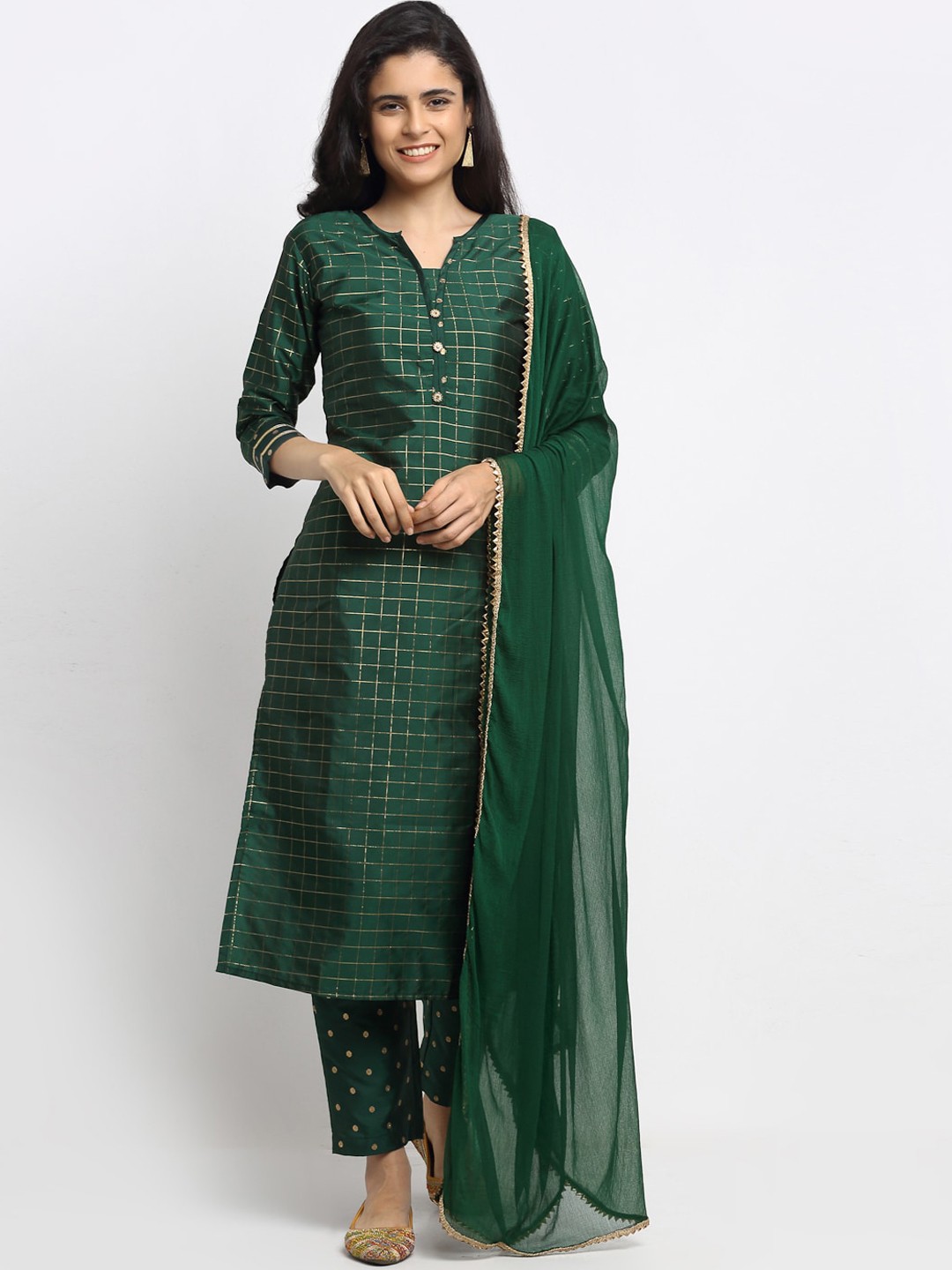 

VAABA Women Green Self Design Kurta with Trousers & Dupatta