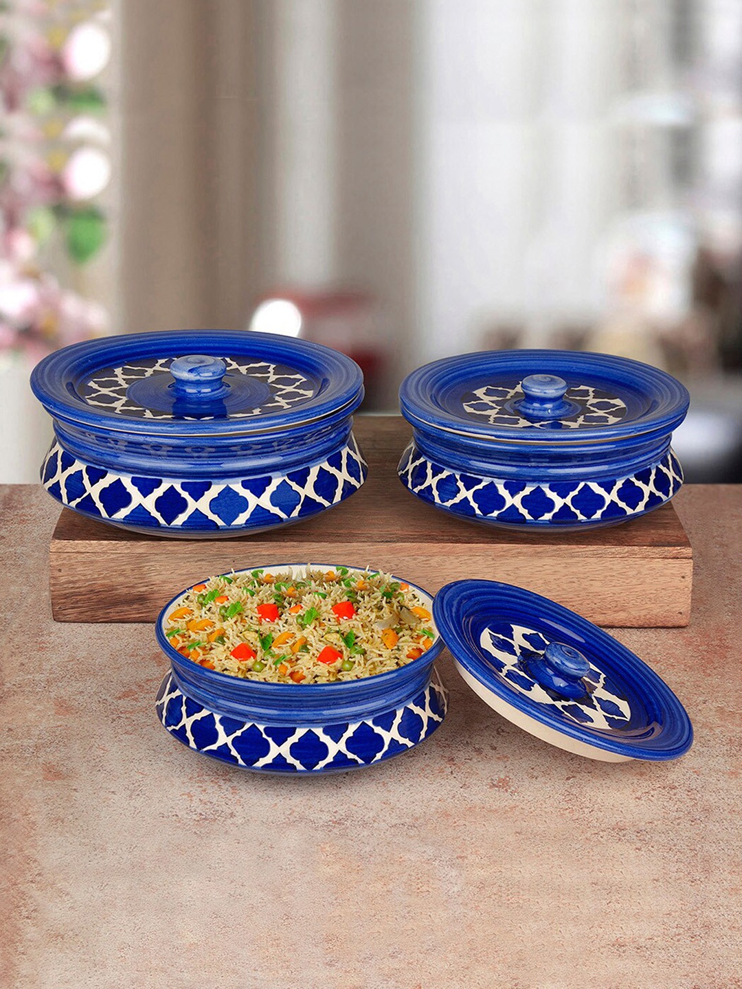 

StyleMyWay Set Of 3 Blue & White Hand-Painted Ceramic Handi With Lids