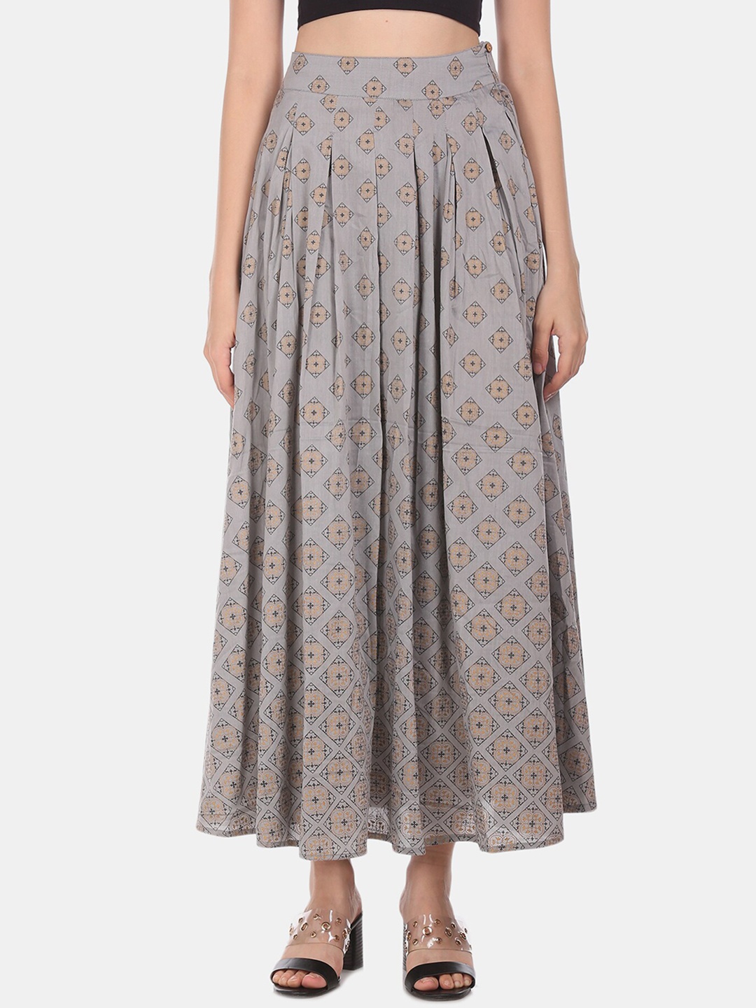 

Anahi Women Grey & Beige Geometric Printed Pleated Maxi Skirt