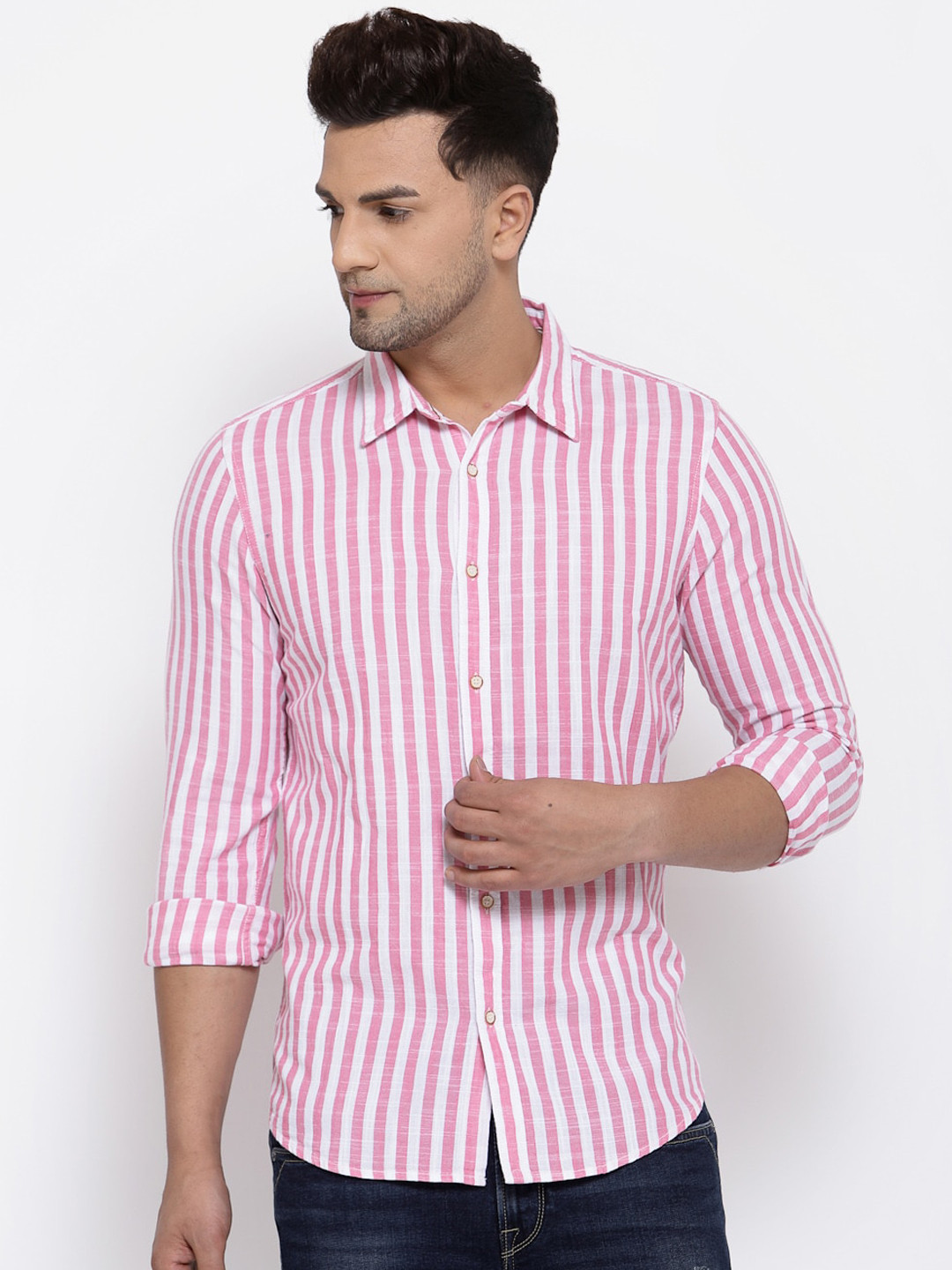 

Pepe Jeans Men Pink & White Pure Cotton Yarn Dyed Striped Casual Shirt