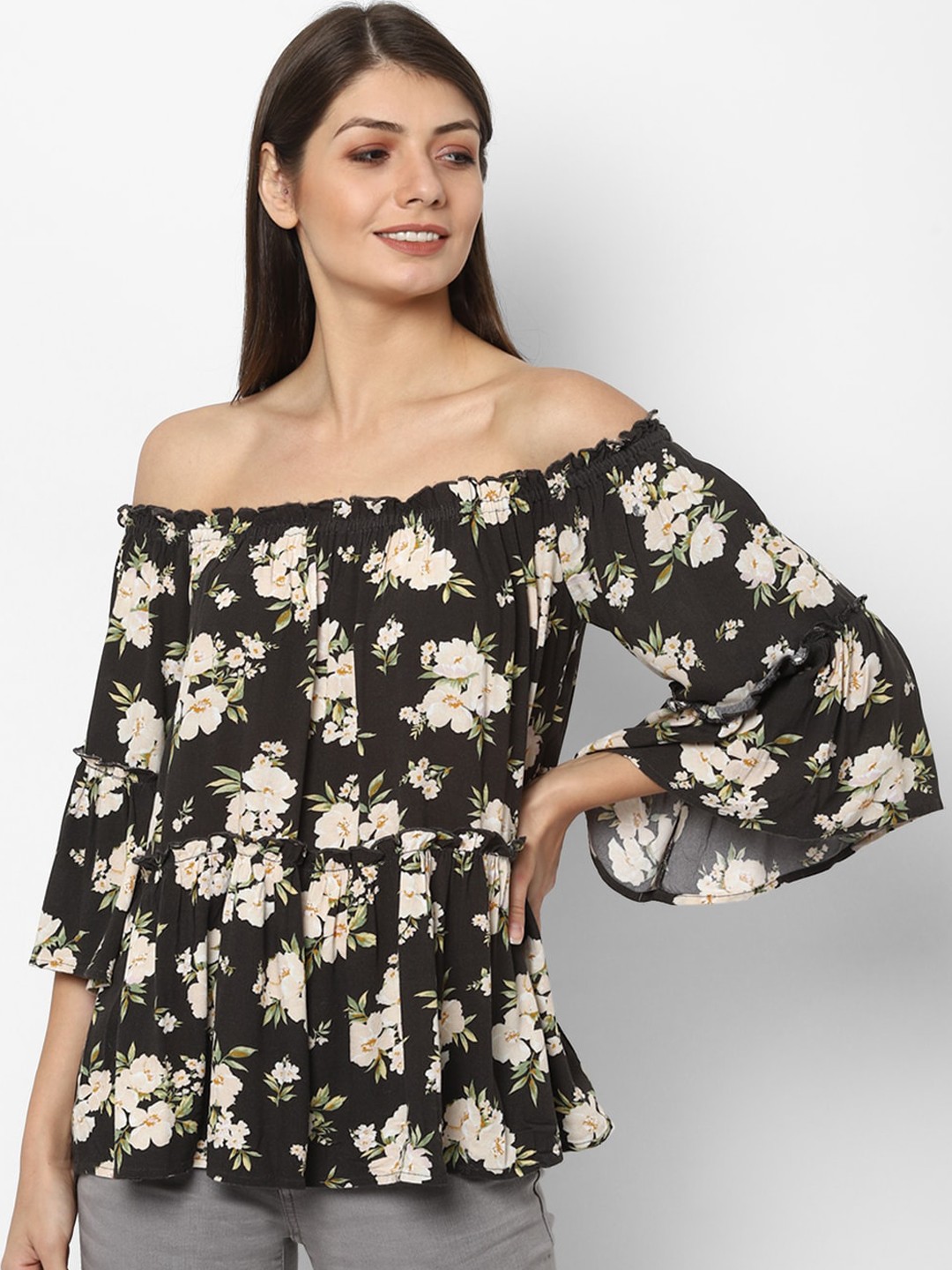 

AMERICAN EAGLE OUTFITTERS Black Floral Off-Shoulder Bardot Top