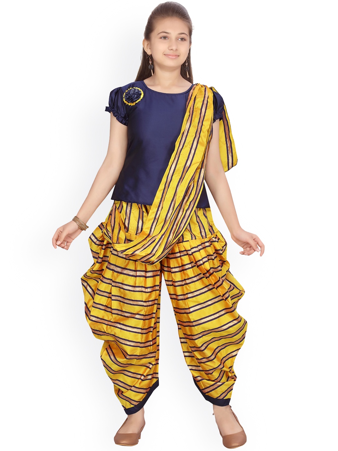 

Aarika Girls Navy Blue & Yellow Solid Kurti with Dhoti Pants & Dupatta