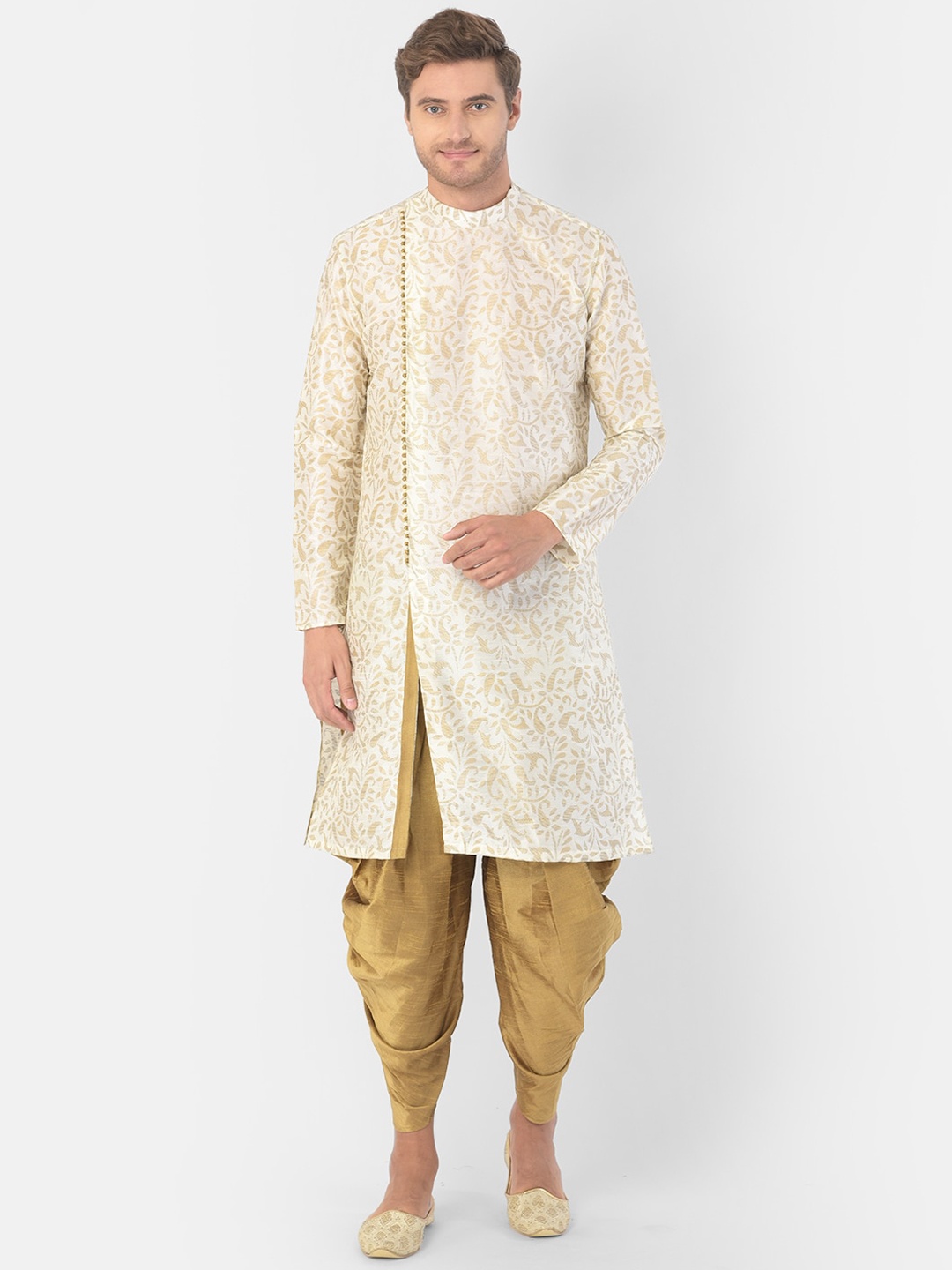 

DEYANN Men Off-White & Yellow Woven Design Kurta with Dhoti Pants