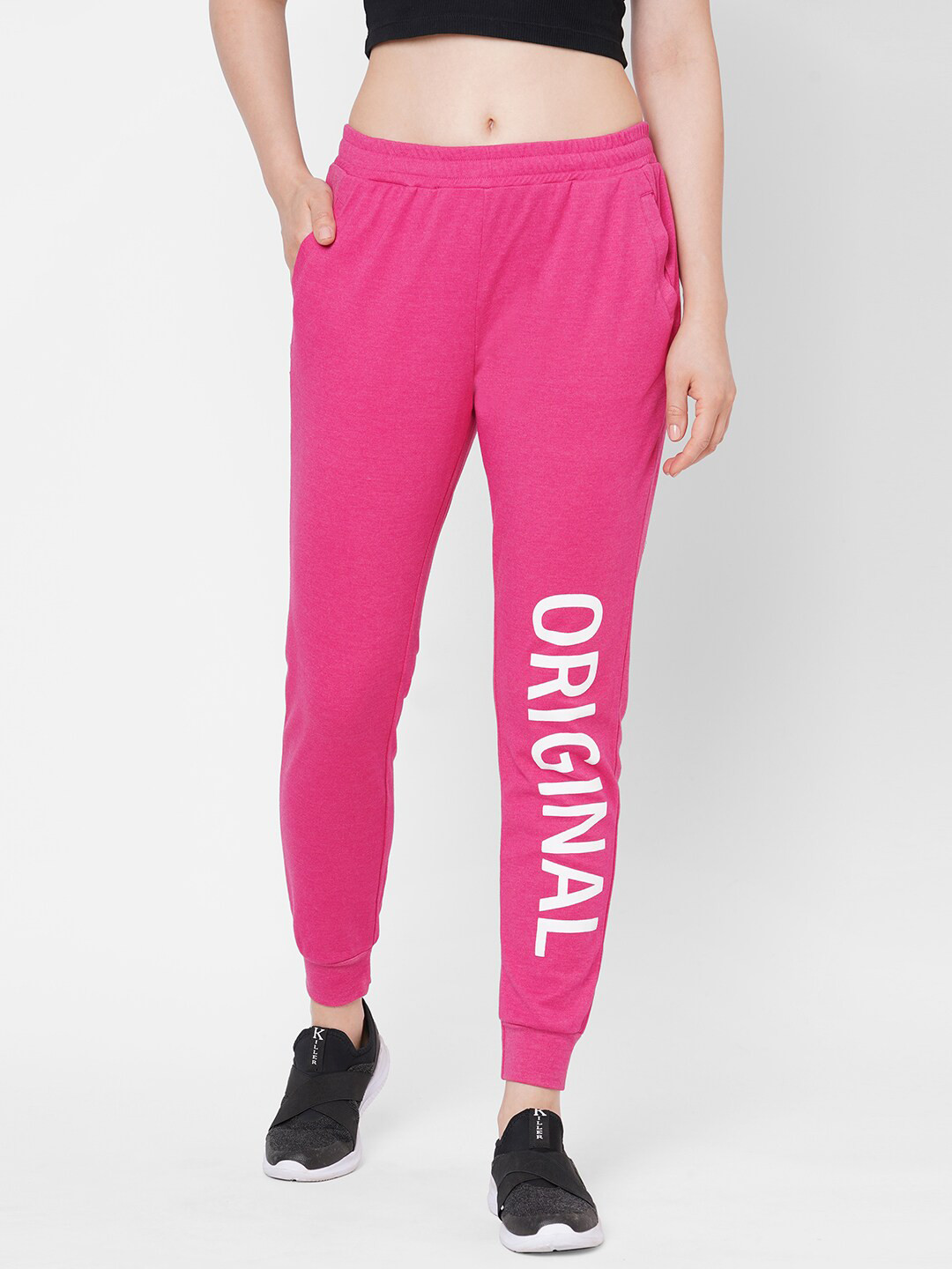 

Mystere Paris Women Pink & White Printed Slim-Fit Joggers
