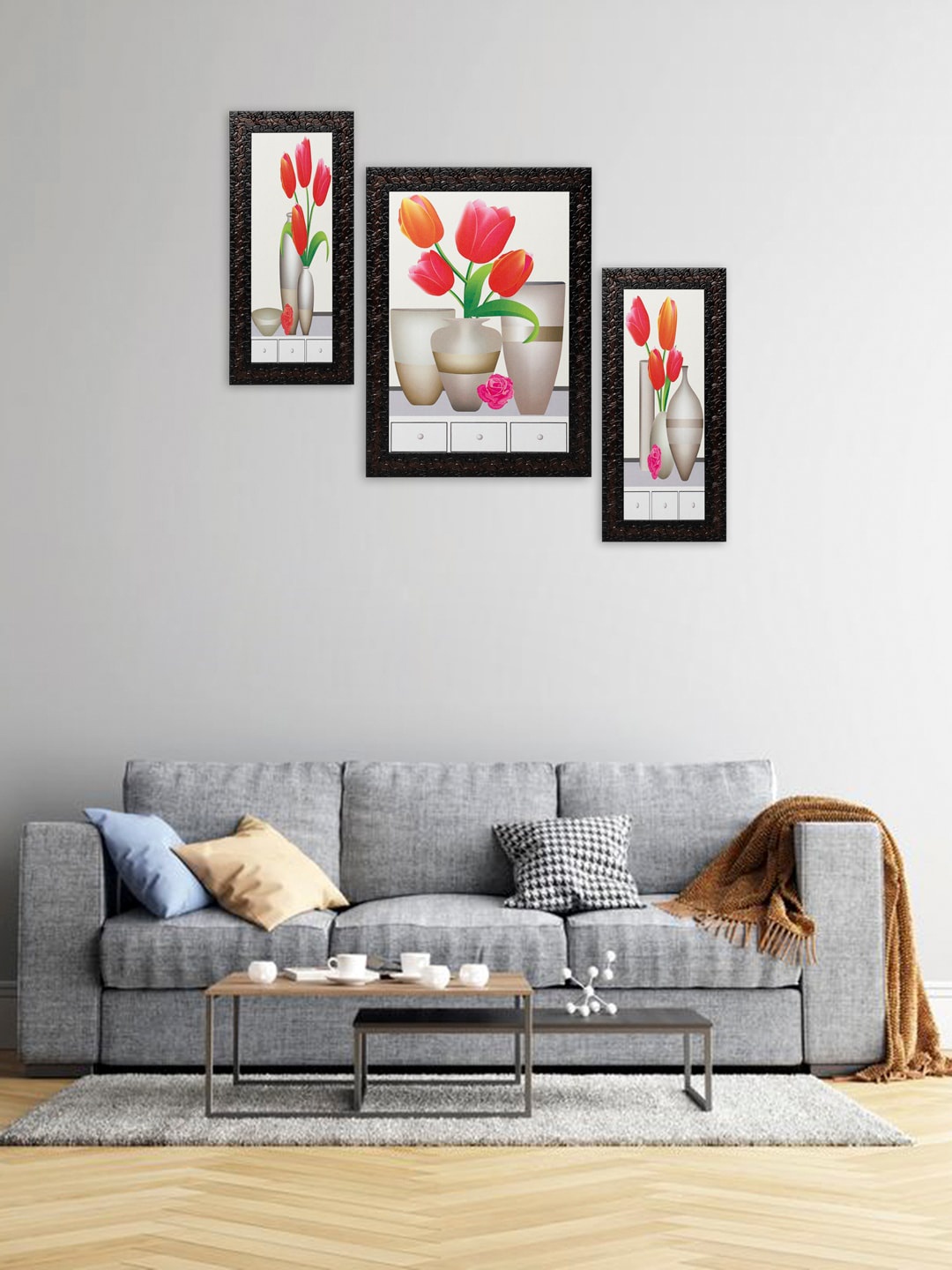 

Indianara Set Of 3 Orange & White Flowers In Vases Framed Art Paintings