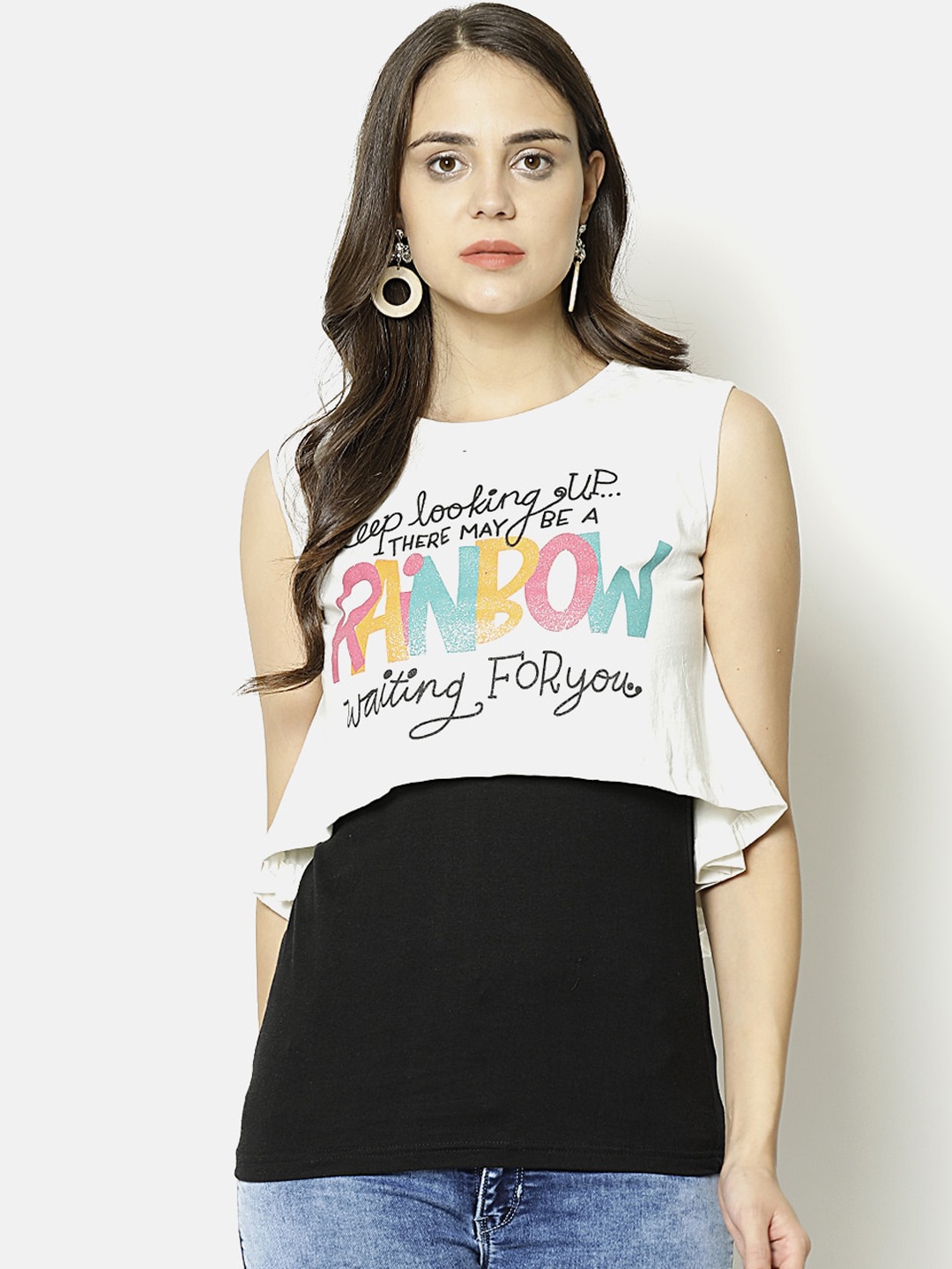 

V2 Value & Variety Women Cream-Coloured Printed Layered Chambray Regular Top