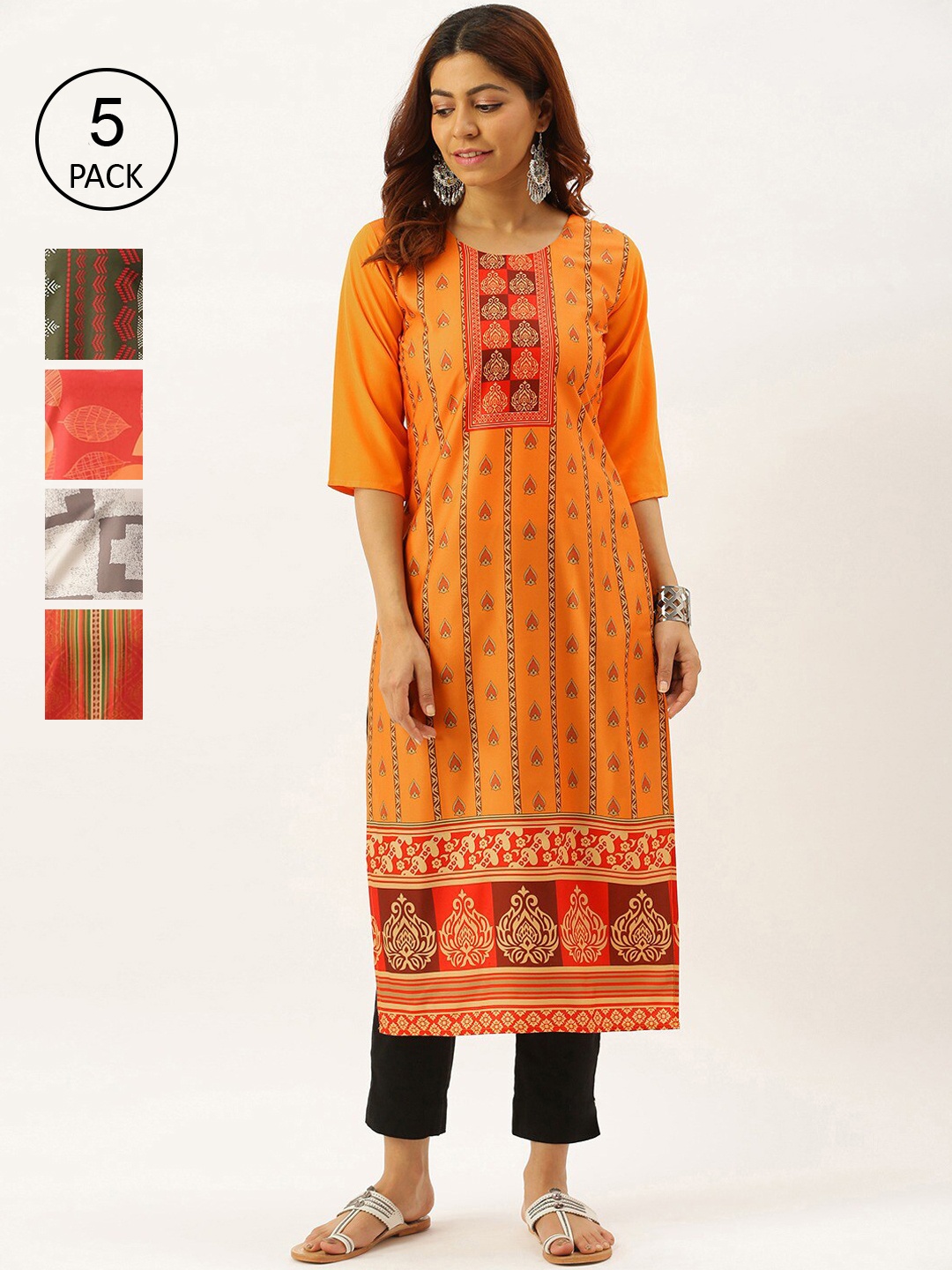 

7Threads Women Pack of 5 Multicoloured Ethnic Motifs Printed Crepe Kurta, Multi