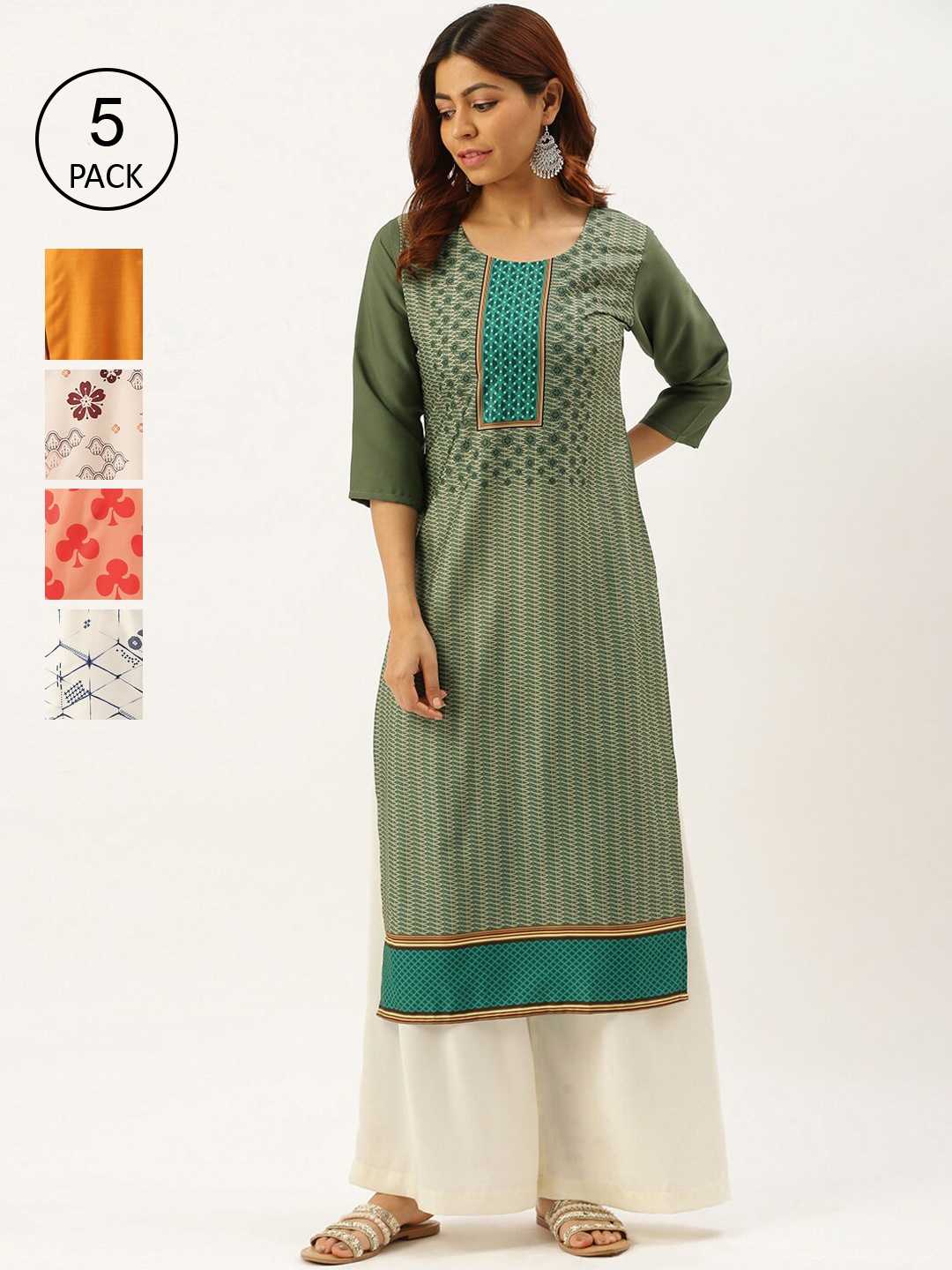 

7Threads Women Pack of 5 Multicoloured Ethnic Motifs Printed Crepe Kurta, Multi