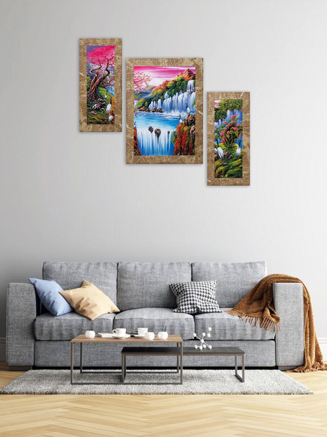 

Indianara Set of 3 Multicoloured Waterfall In A Forest Framed Art Prints Without Glass, Multi