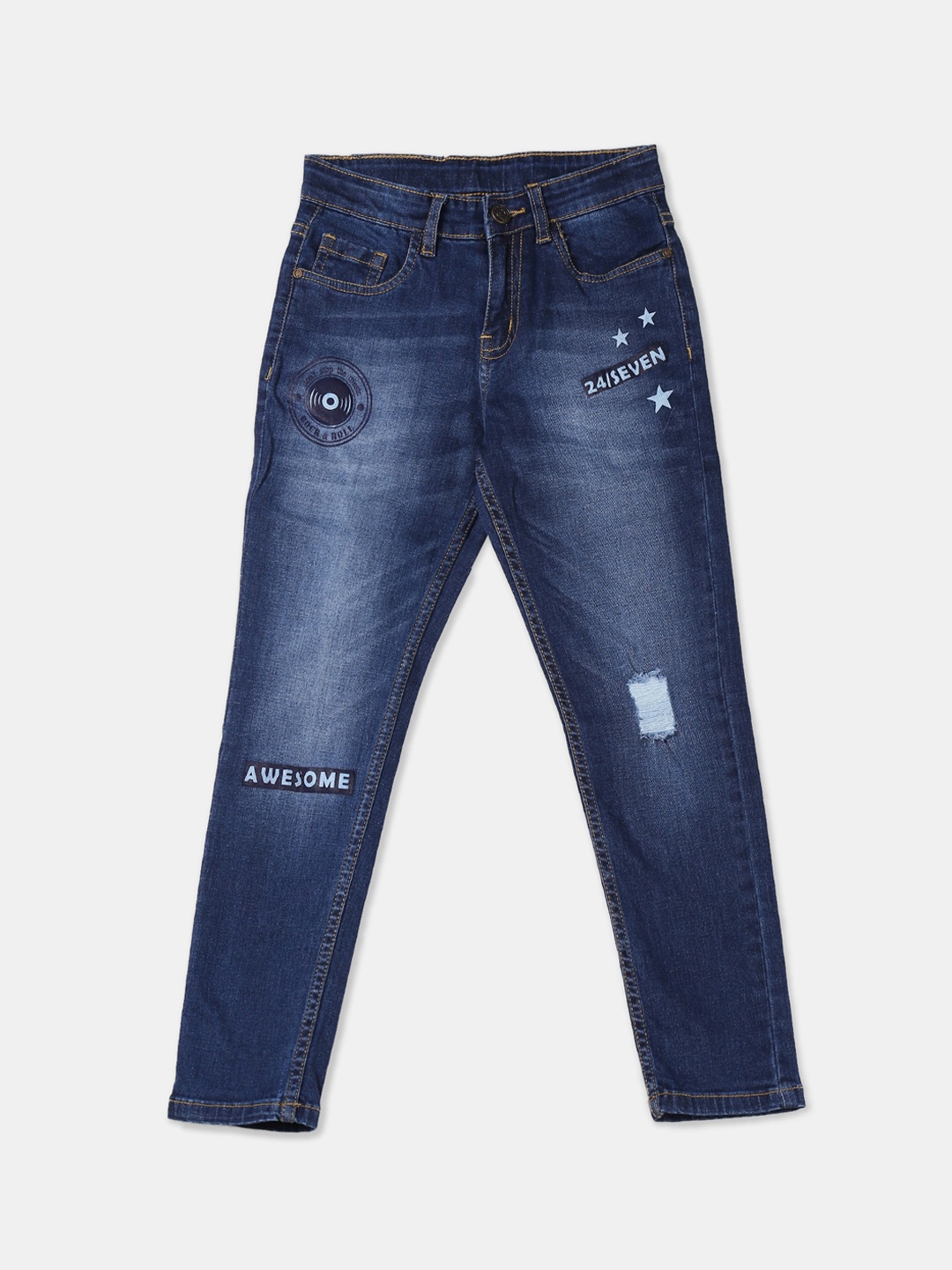 

Cherokee Boys Navy Blue Mildly Distressed Light Fade Printed Detail Stretchable Jeans